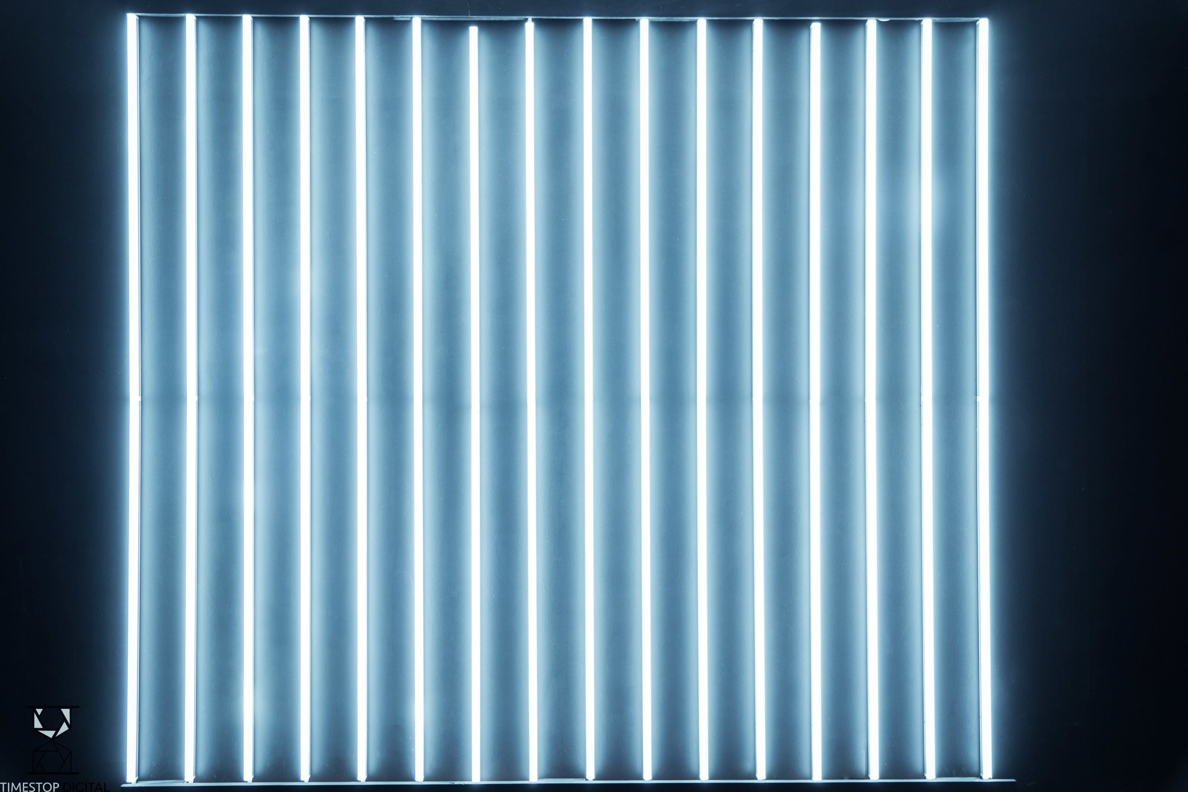 The image features a grid of vertical neon light tubes against a dark background.