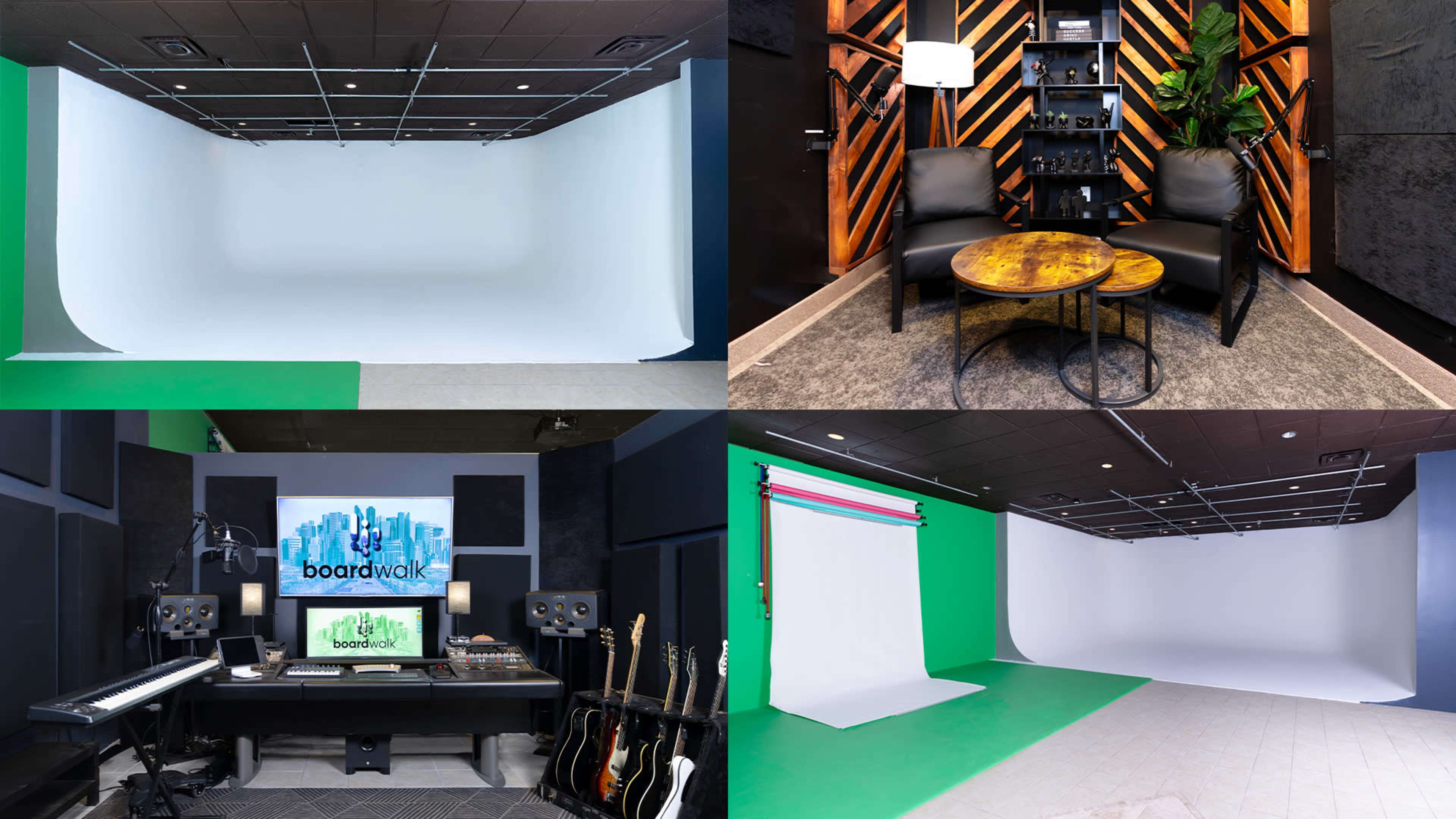 Four different setups for video production, featuring a variety of backgrounds, seating areas, and equipment arrangements.