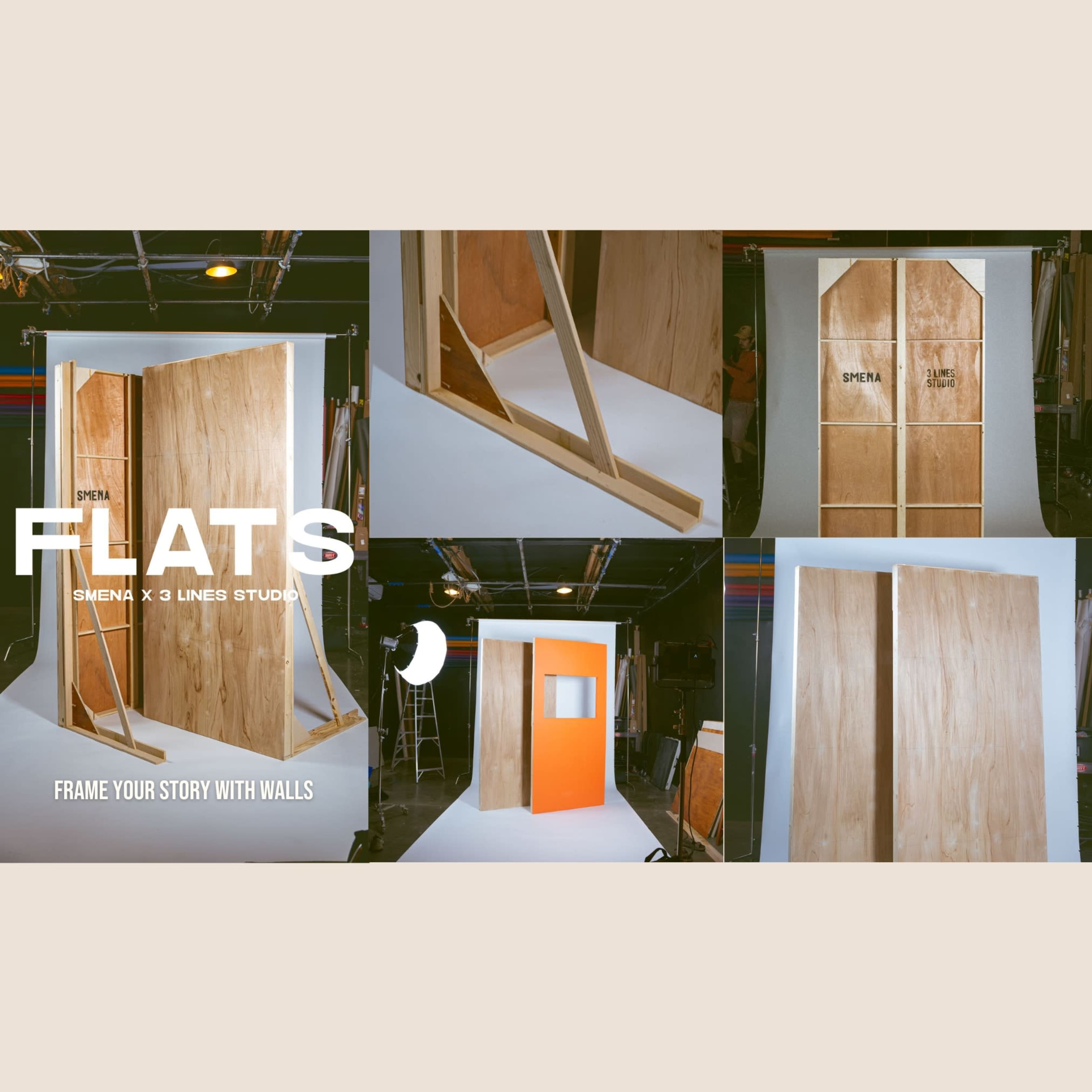 The image showcases a studio setup featuring wooden panels arranged to form partial walls with an orange accent.