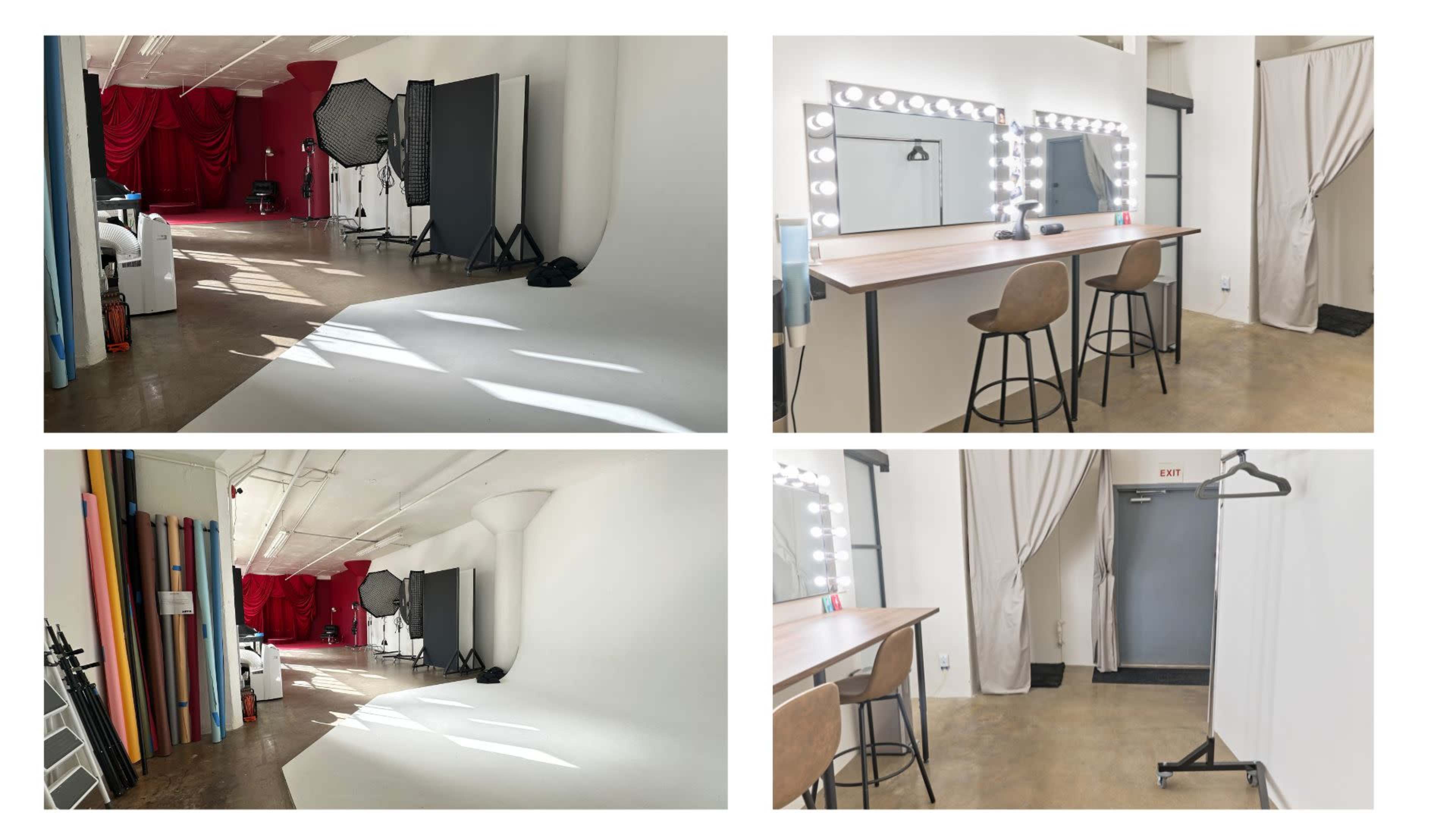 The image shows a photography studio with a white backdrop, soft lighting, and makeup stations equipped with mirrors and lights.