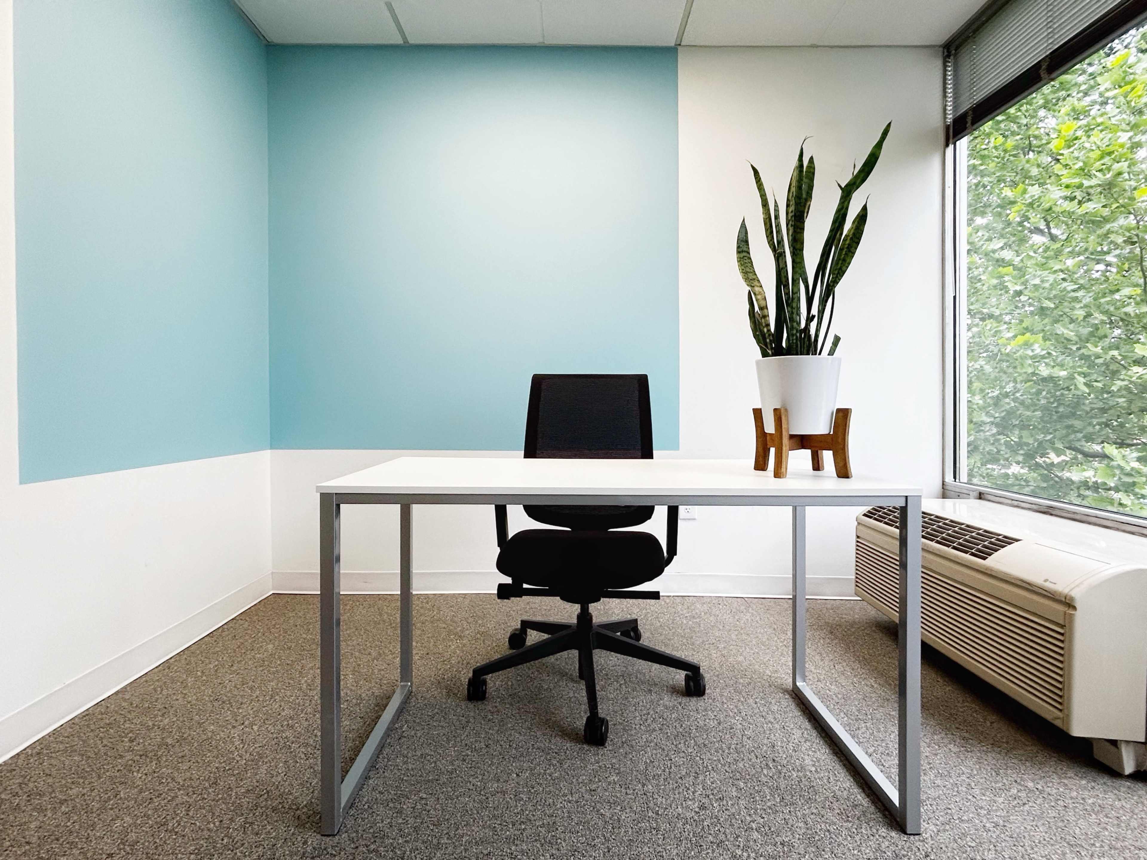 The image shows a minimalist office workspace featuring a desk, a black chair, and a potted plant by a large window with greenery outside.