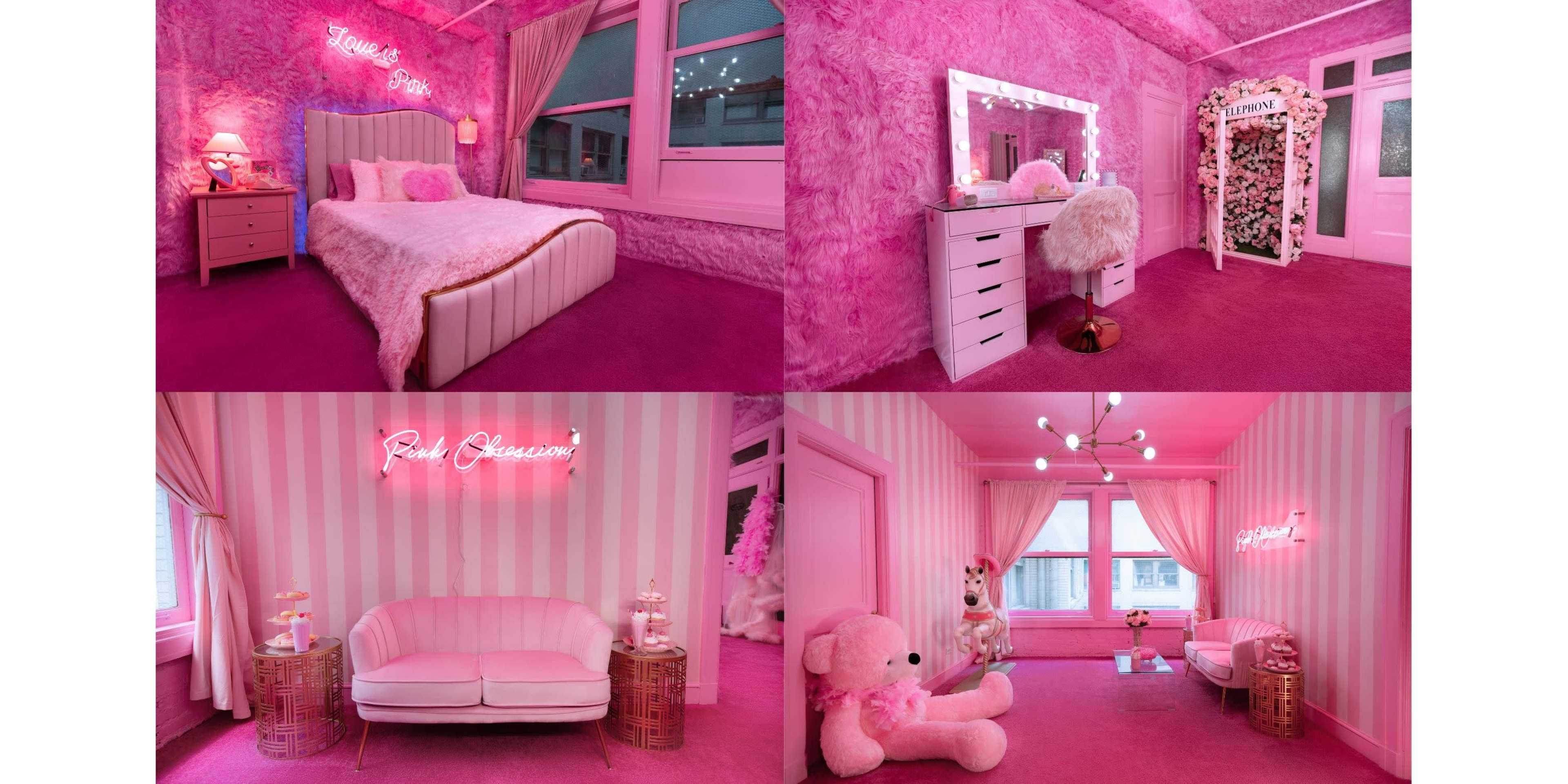 A series of four interconnected rooms, all decorated in varying shades of pink, featuring plush carpeting, a bed, vanity, and decorative furniture.