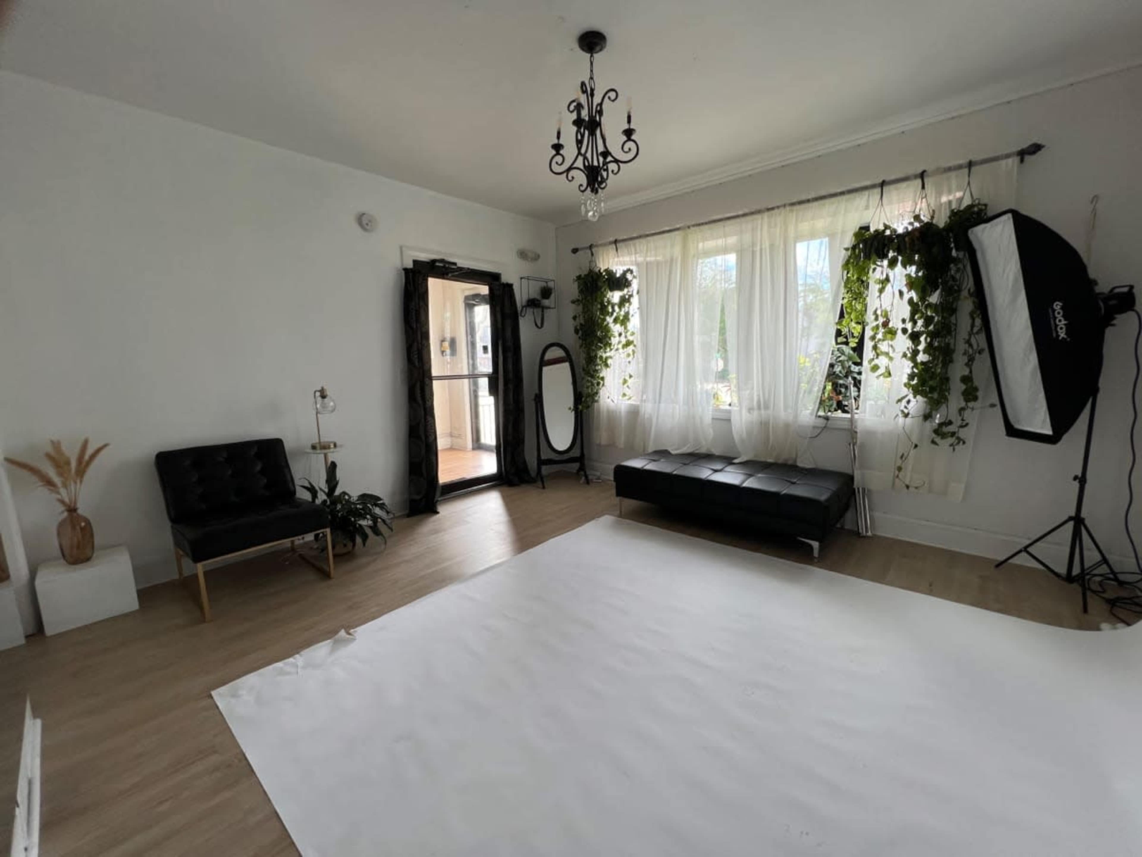 A well-lit, minimalist room with a large white floor, a black sofa, a mirror, and plants hanging from the window.