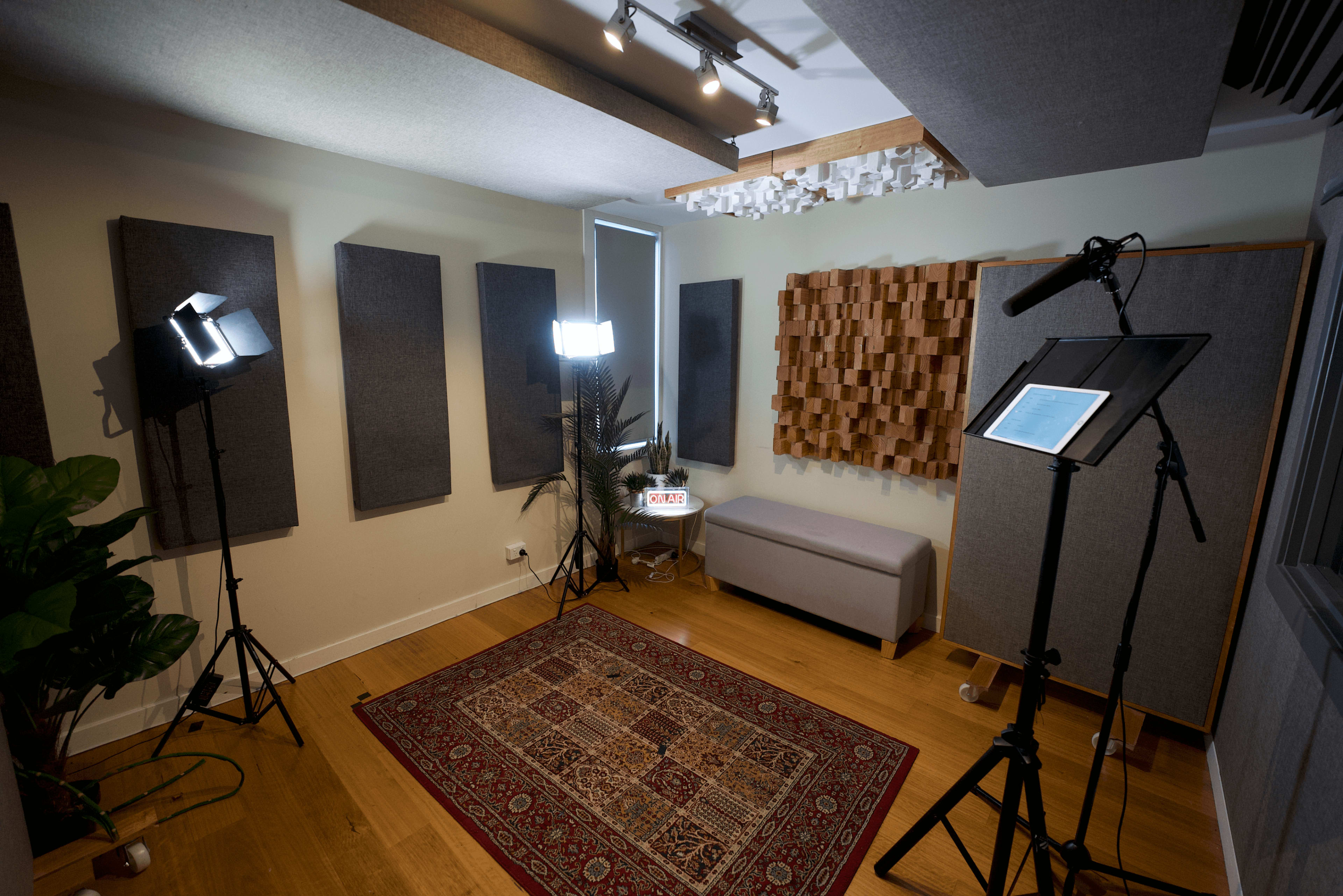 The image shows a sound recording studio with acoustic panels on the walls, lighting equipment, a microphone setup, and a rug covering the wooden floor.
