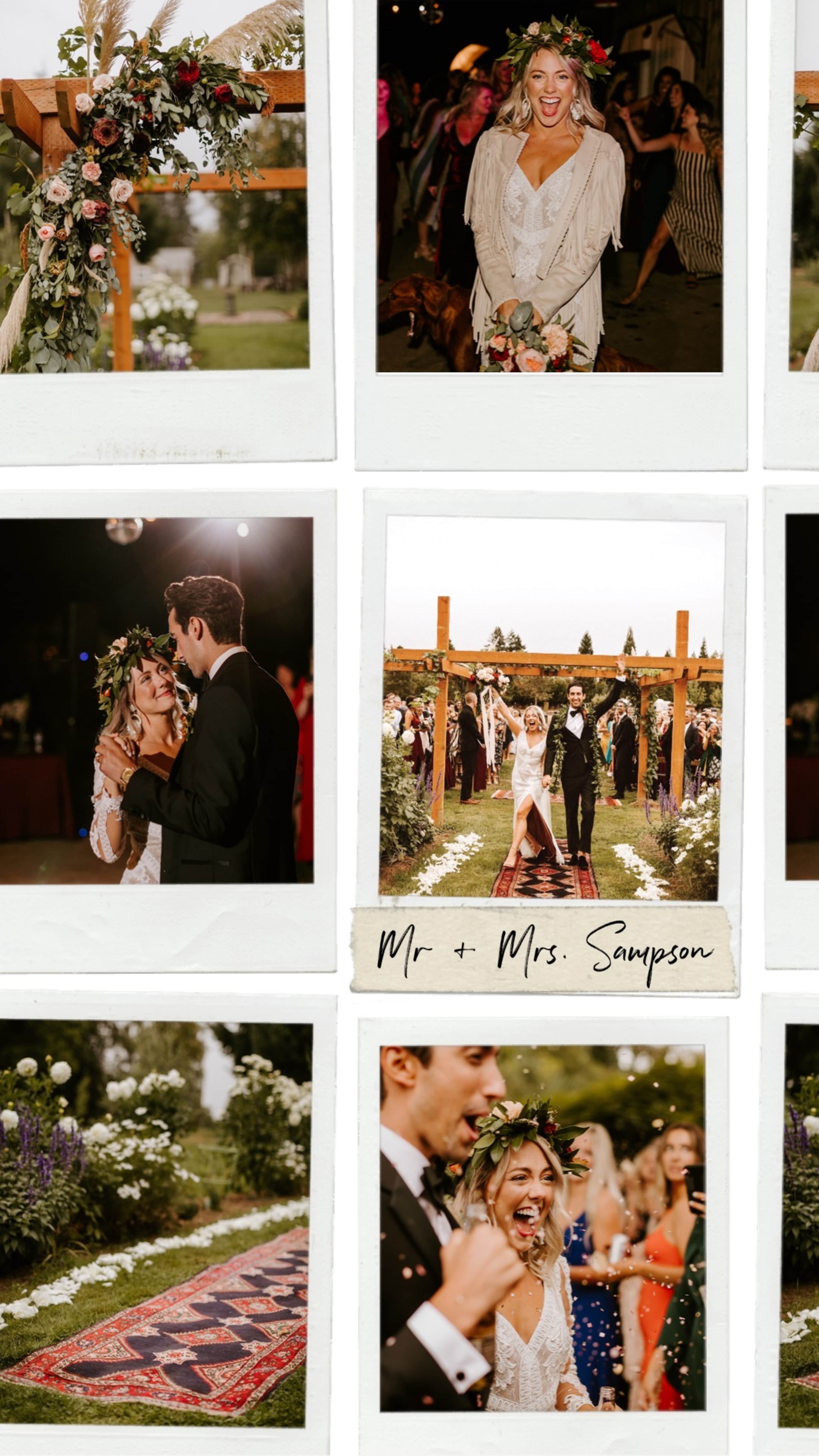 Features a wedding celebration with portraits of the couple, floral decorations, and guests enjoying the event.