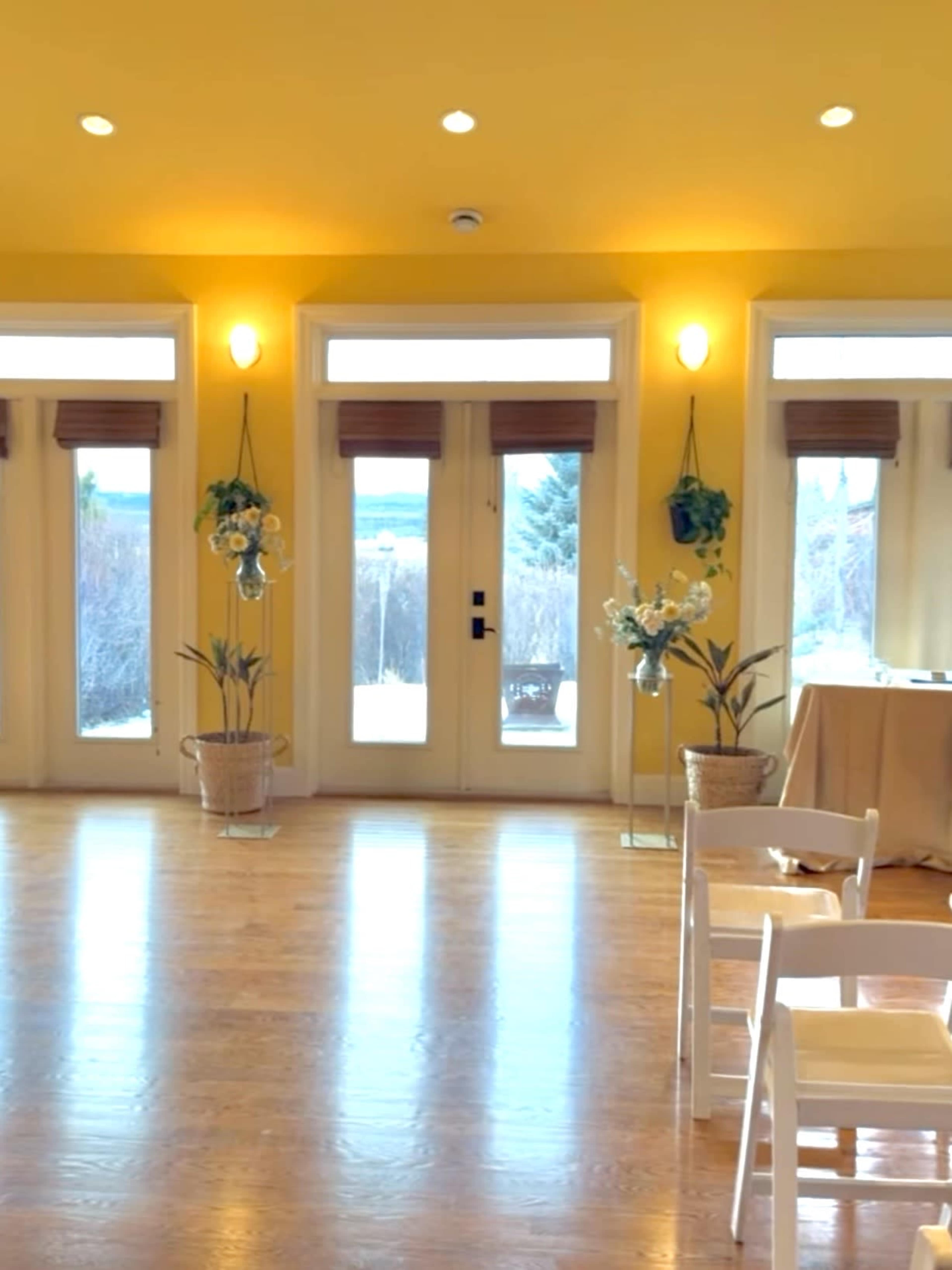 The image shows a bright, yellow-walled room with large windows and wooden flooring, featuring potted plants and a table set up at one end.