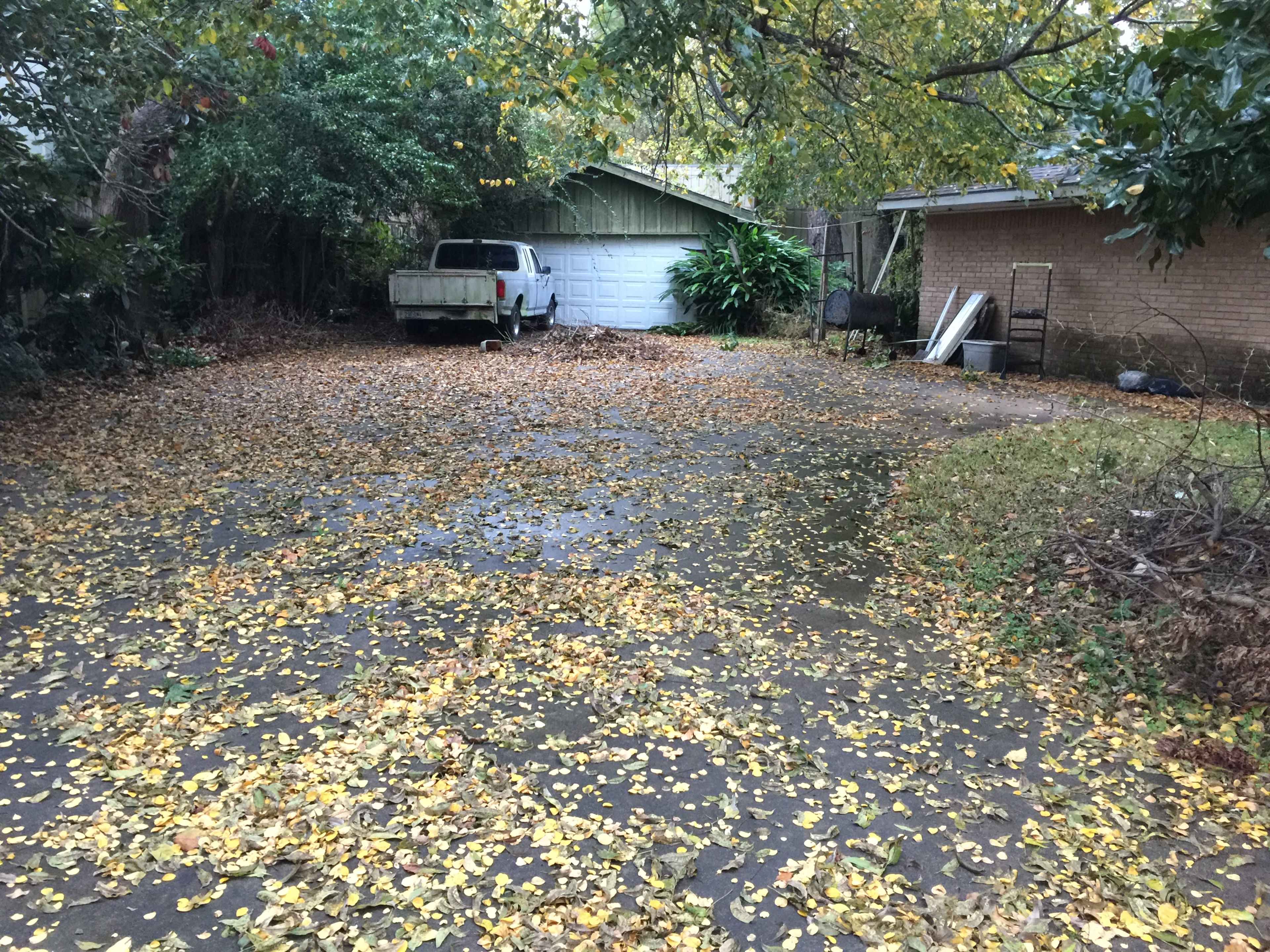 A driveway covered in fallen yellow leaves leads to a white pickup truck parked near a garage.