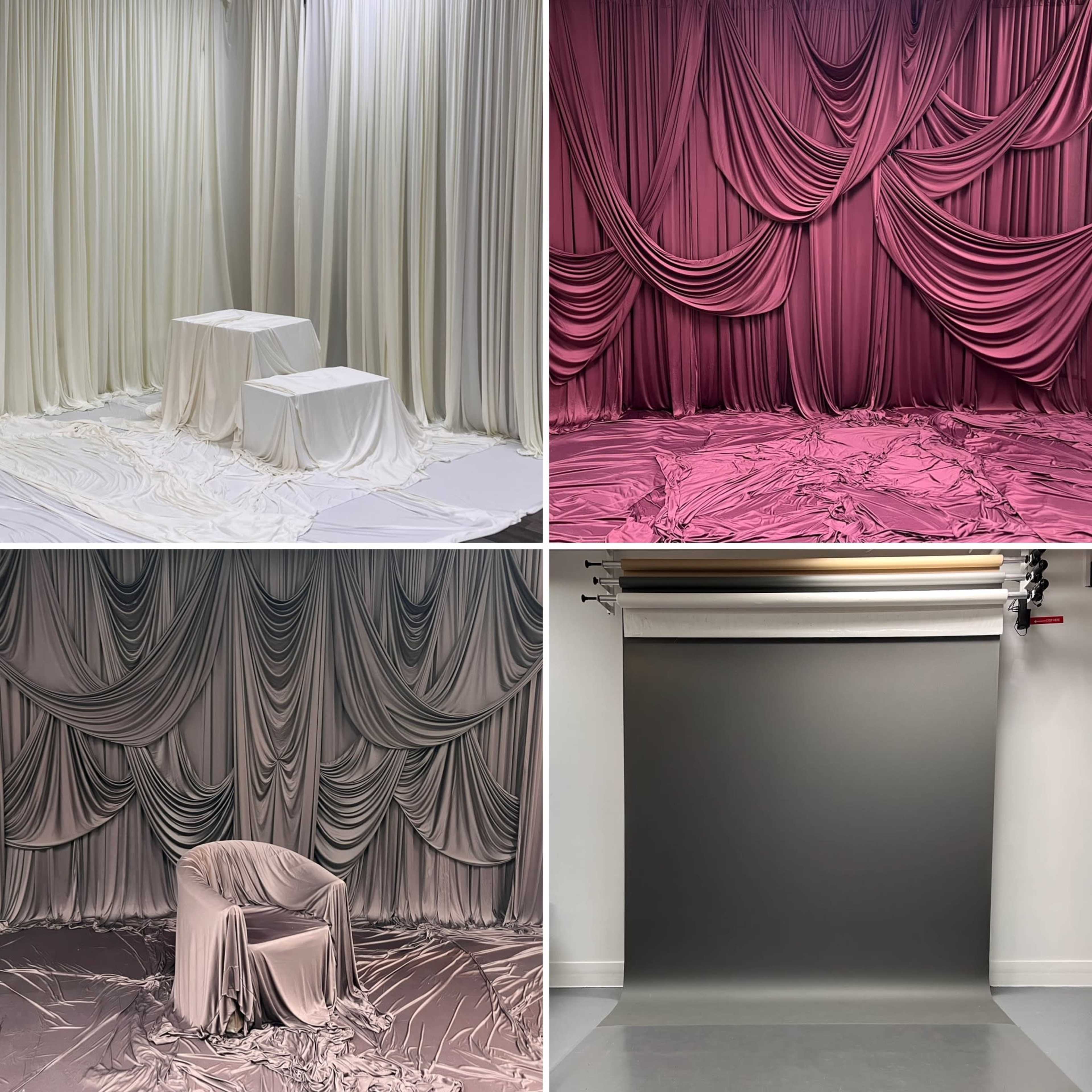 The image features four interior scenes showcasing draped fabric in various colors and arrangements, including white, pink, and gray, with differing setups such as plain spaces and a chair.