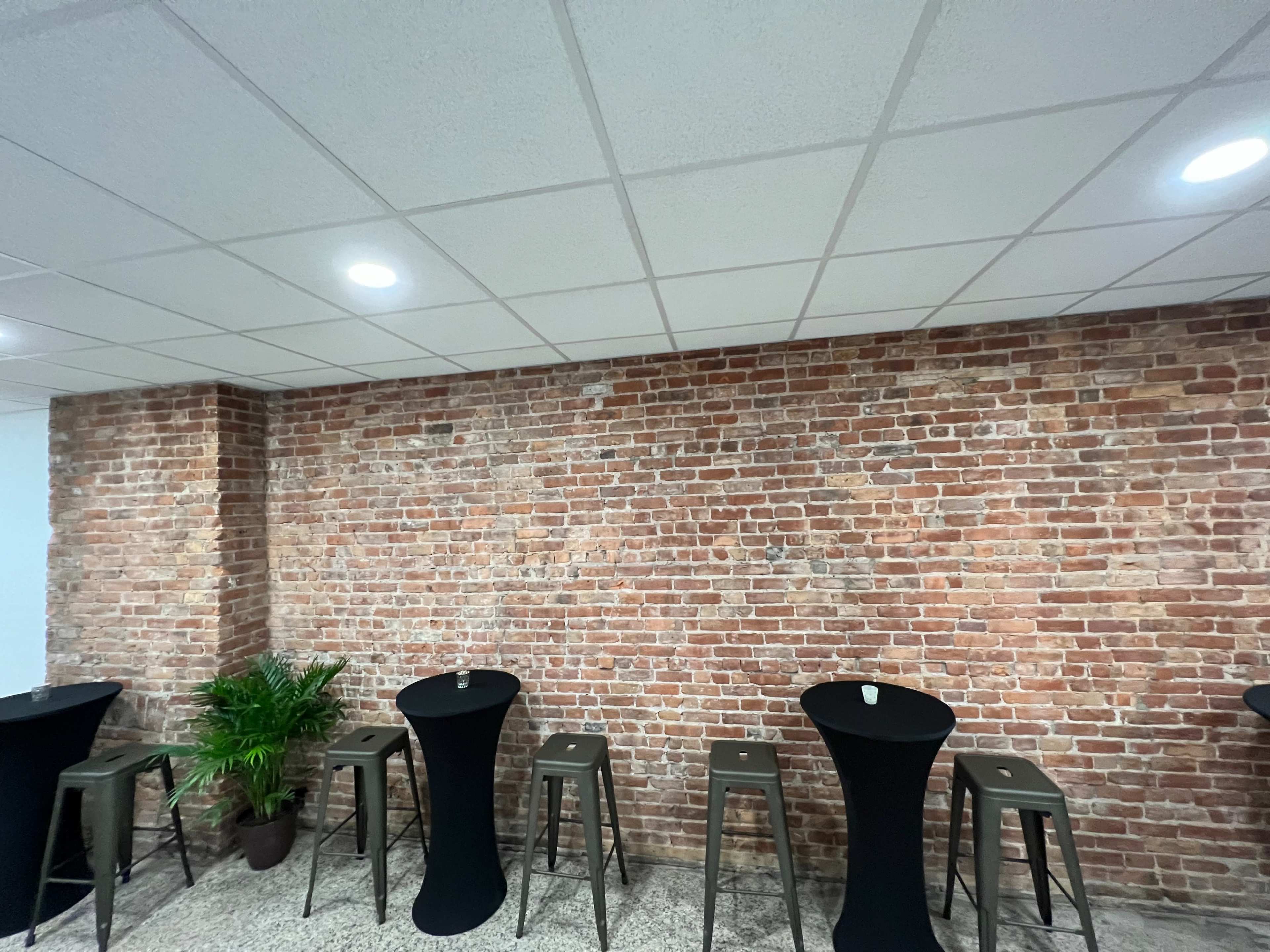 The image shows a room with a brick wall, several tall black tables, and a potted plant in the corner.