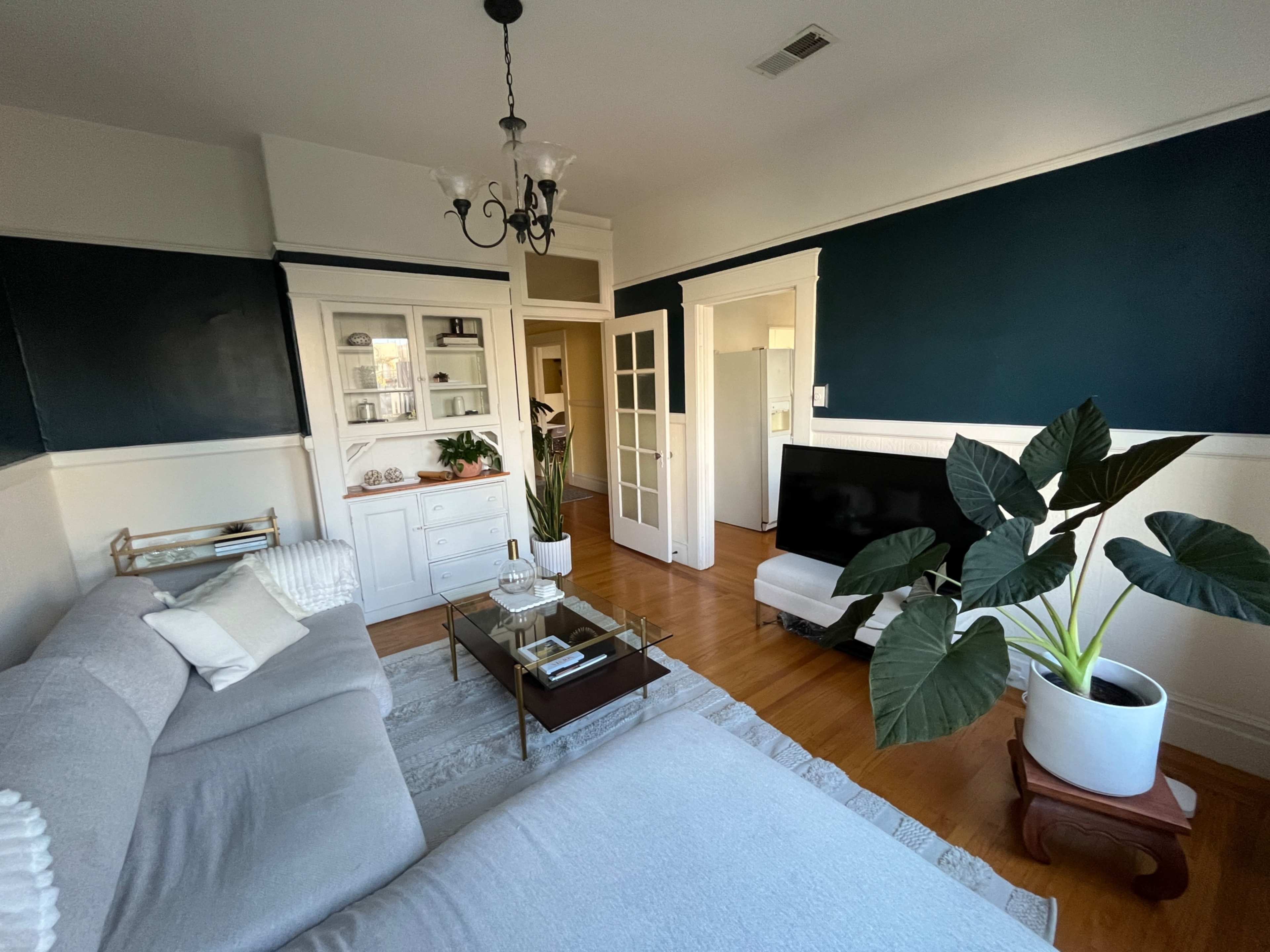 The living room features a gray sofa, a glass coffee table, a television on a stand, and a large potted plant, with dark green walls and white trim surrounding the space.