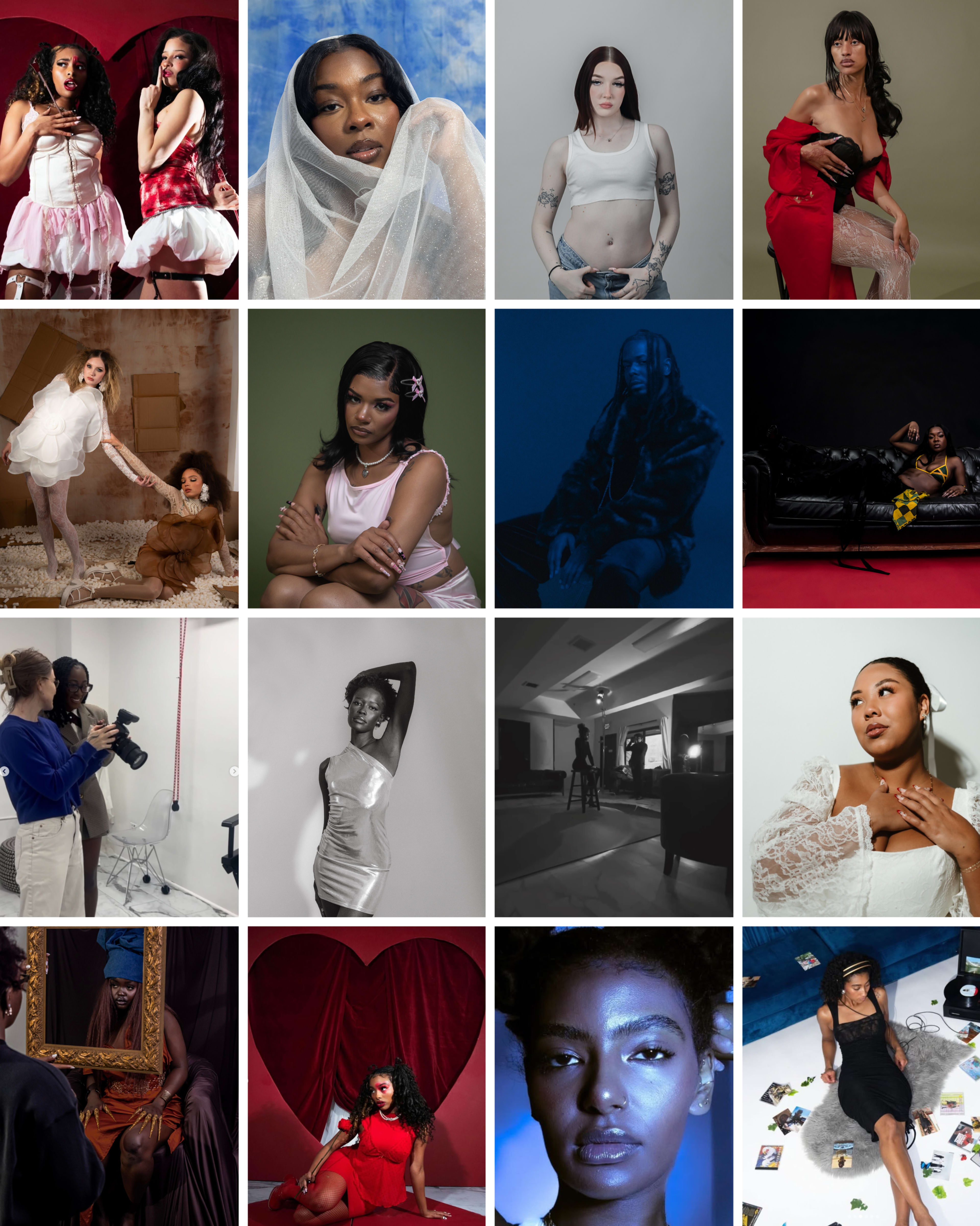The image features a collage of sixteen photographs showcasing diverse models in various poses and settings, including portraits, fashion shoots, and artistic compositions.