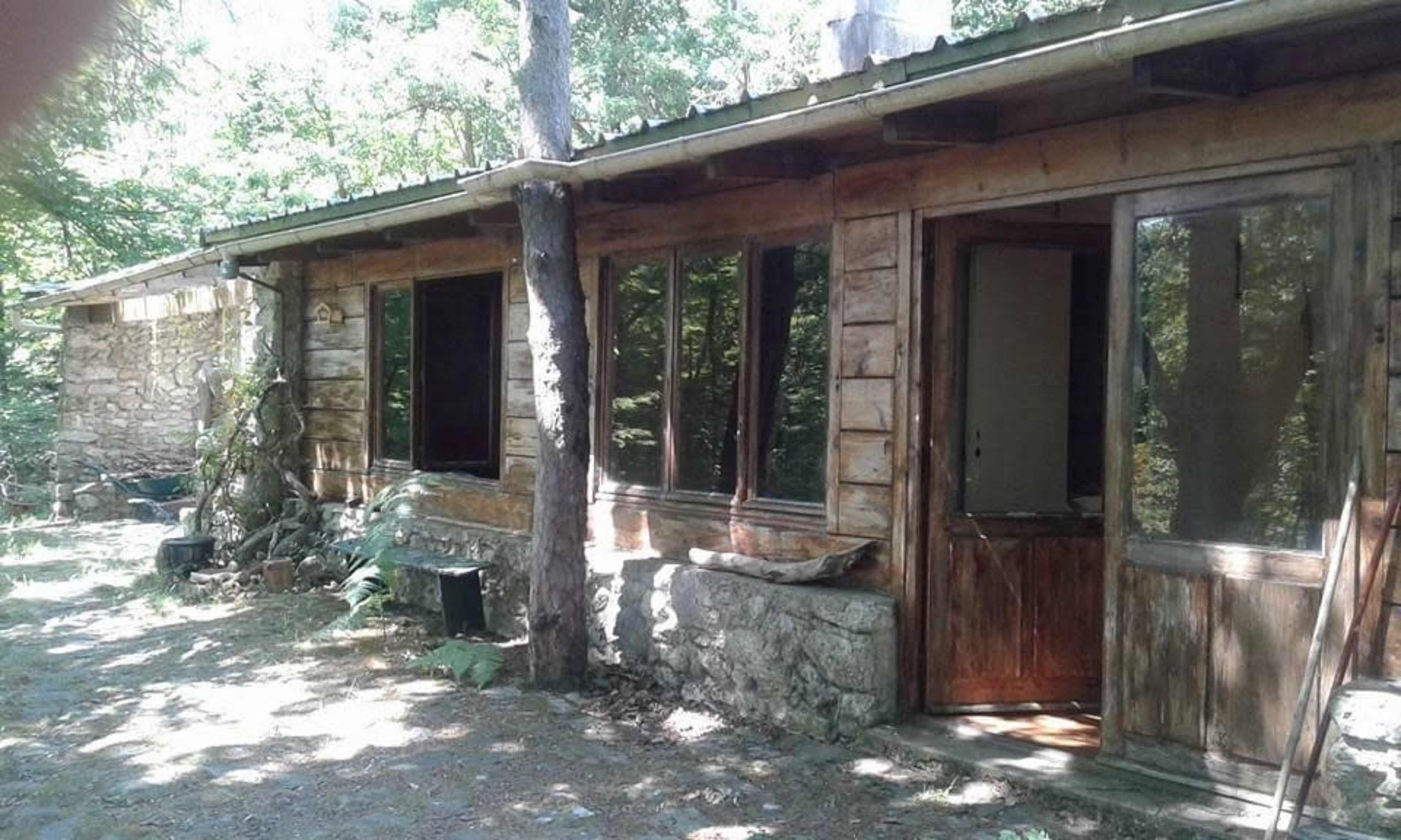 A rustic cabin made of wood and stone sits among trees, featuring large windows and a wooden door.