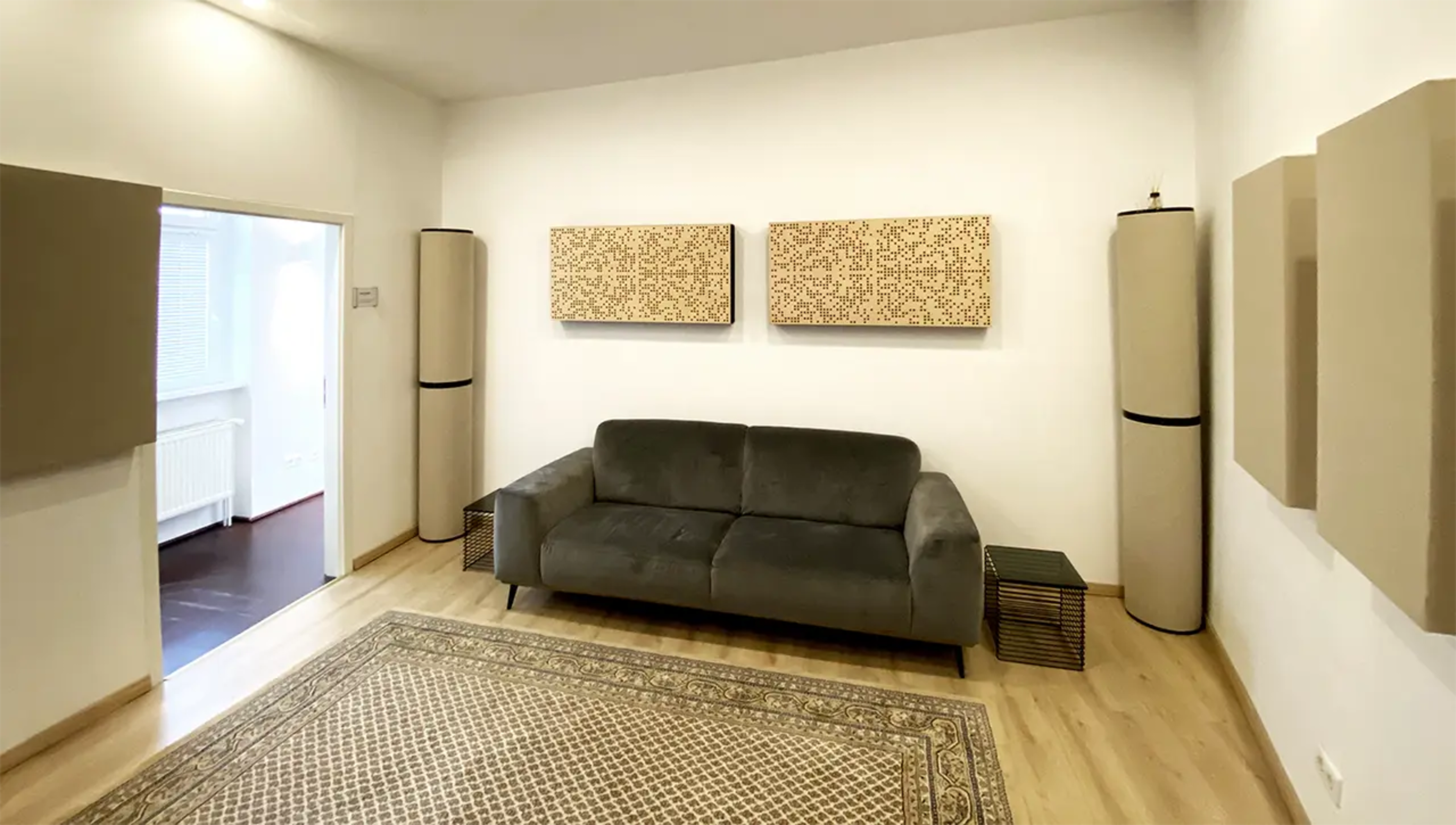 A minimalist living room with a gray sofa, two decorative wall panels, and wooden flooring.