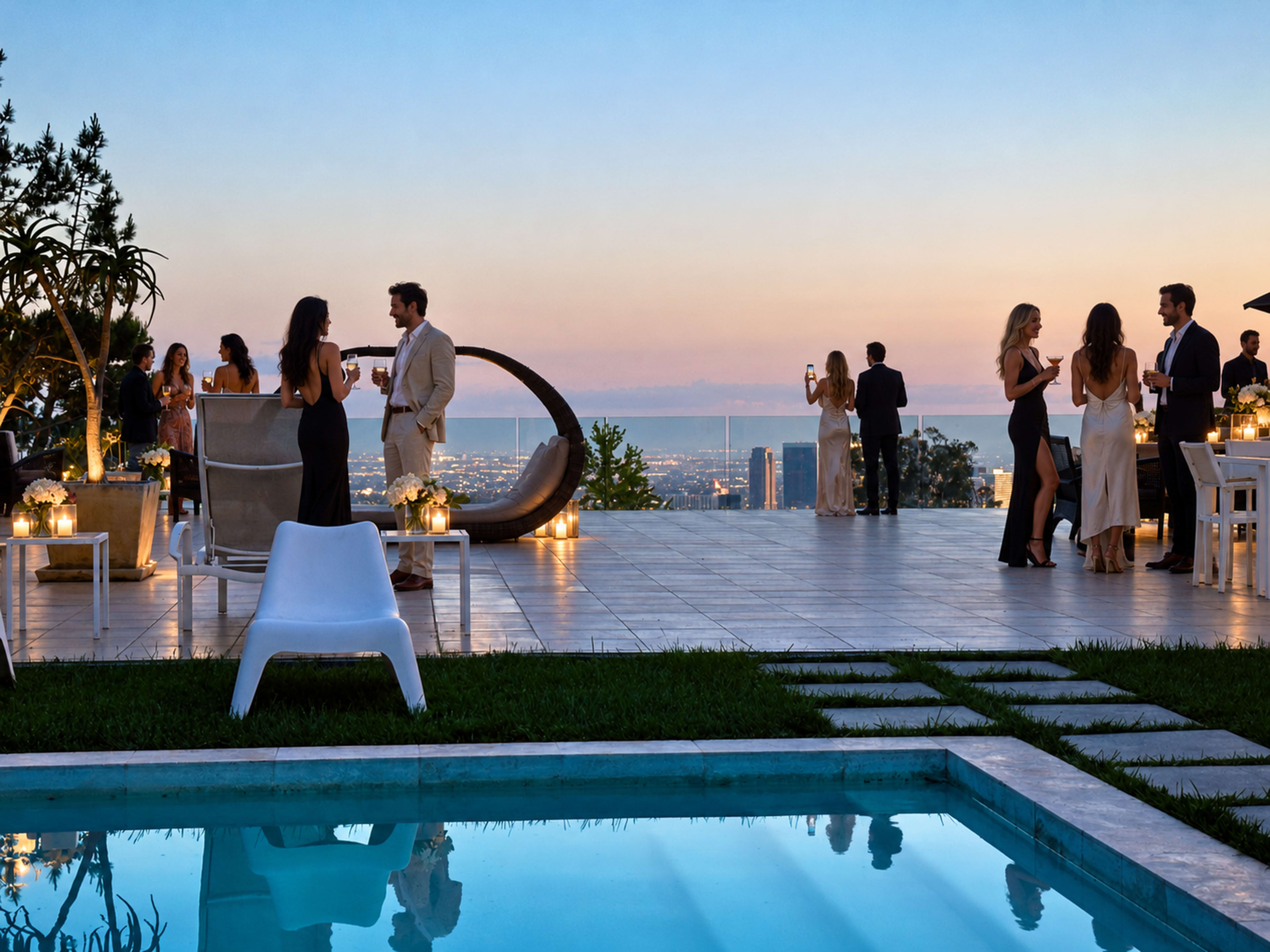 A group of elegantly dressed guests mingles around a modern outdoor space with a pool, overlooking a city skyline at sunset.