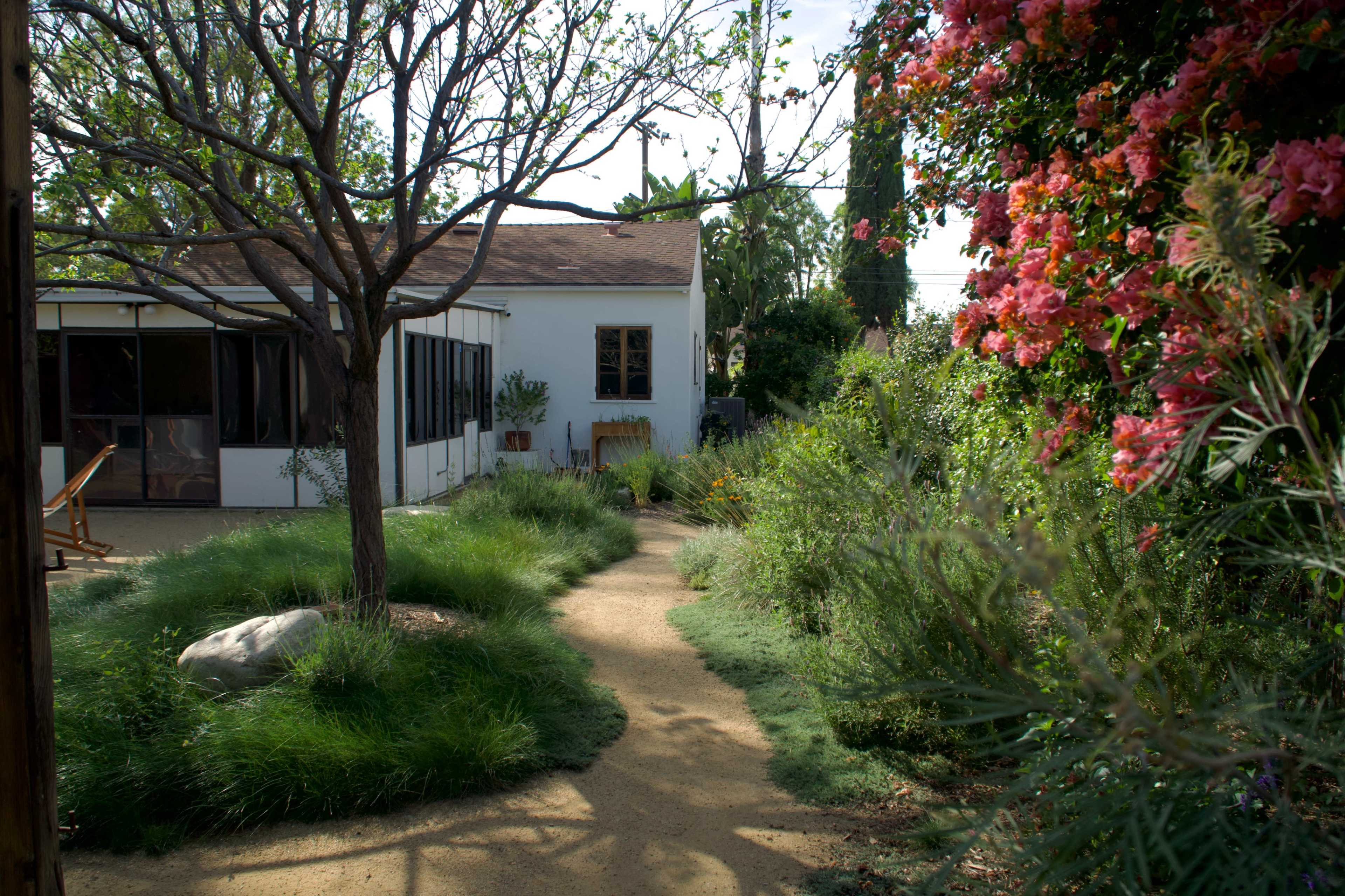 A winding path leads through a lush garden filled with green plants and colorful flowers, adjacent to a modern white house with a screened porch.