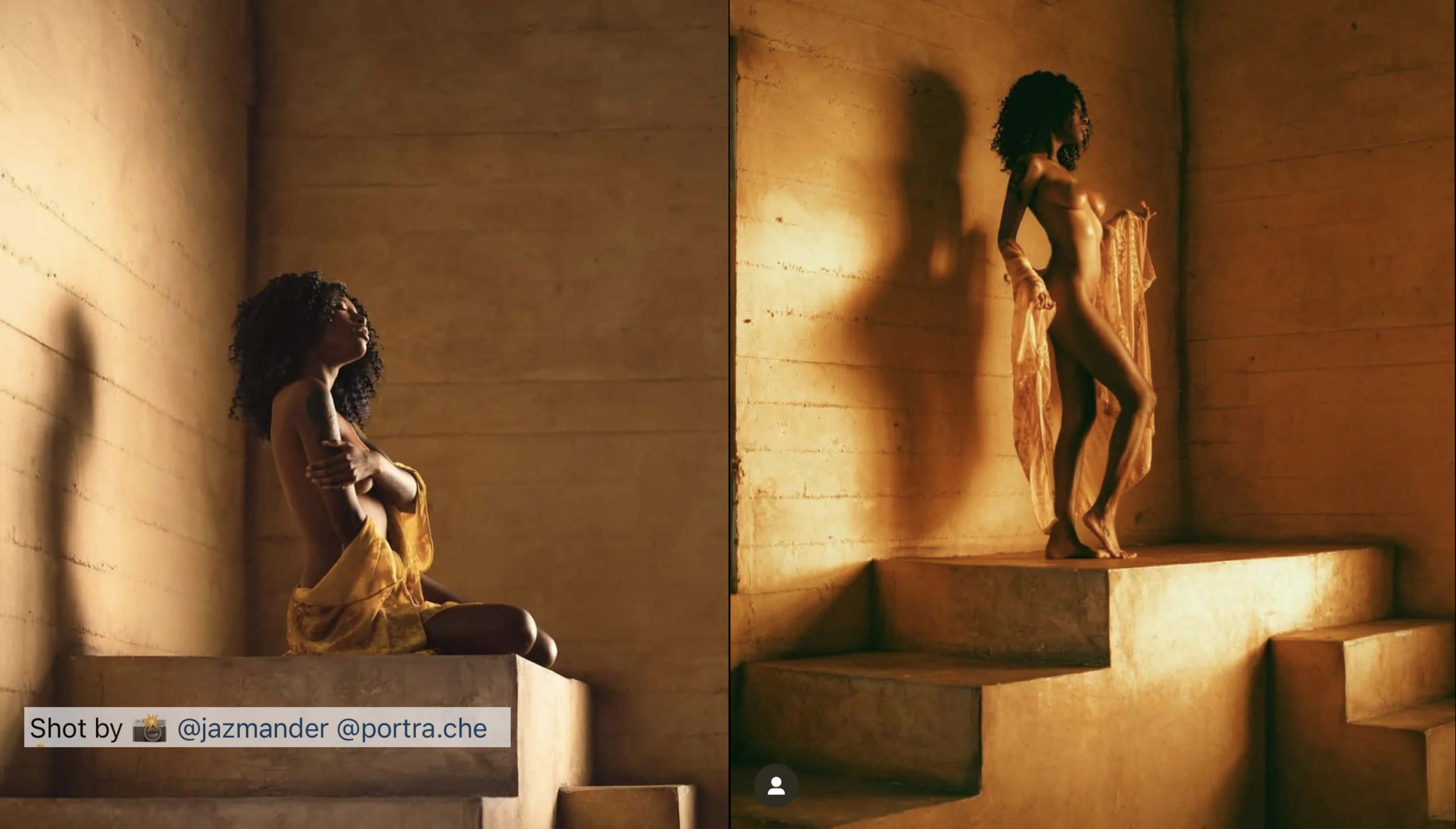 A woman in a flowing yellow garment poses on steps in a dimly lit, textured room with warm tones.