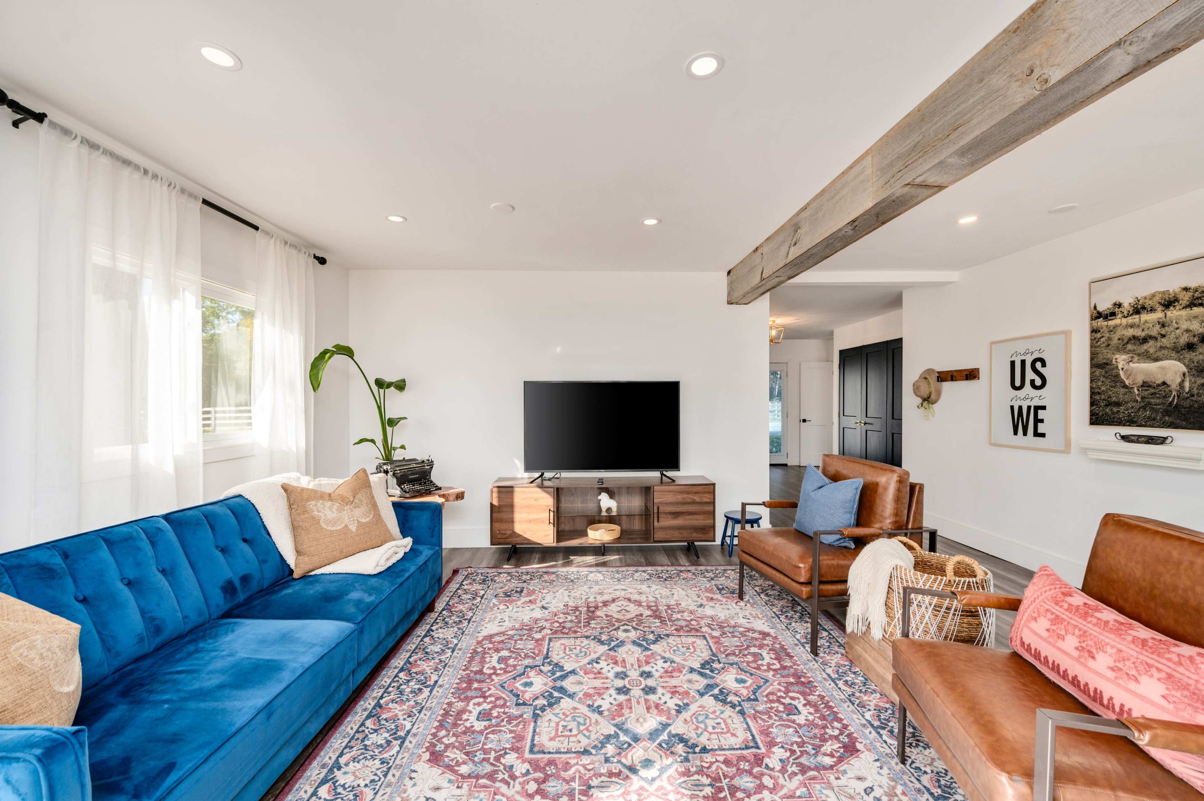 The living room features a blue velvet sofa, a wooden coffee table, and a television mounted on the wall, with a patterned rug on the floor and a plant in the corner.