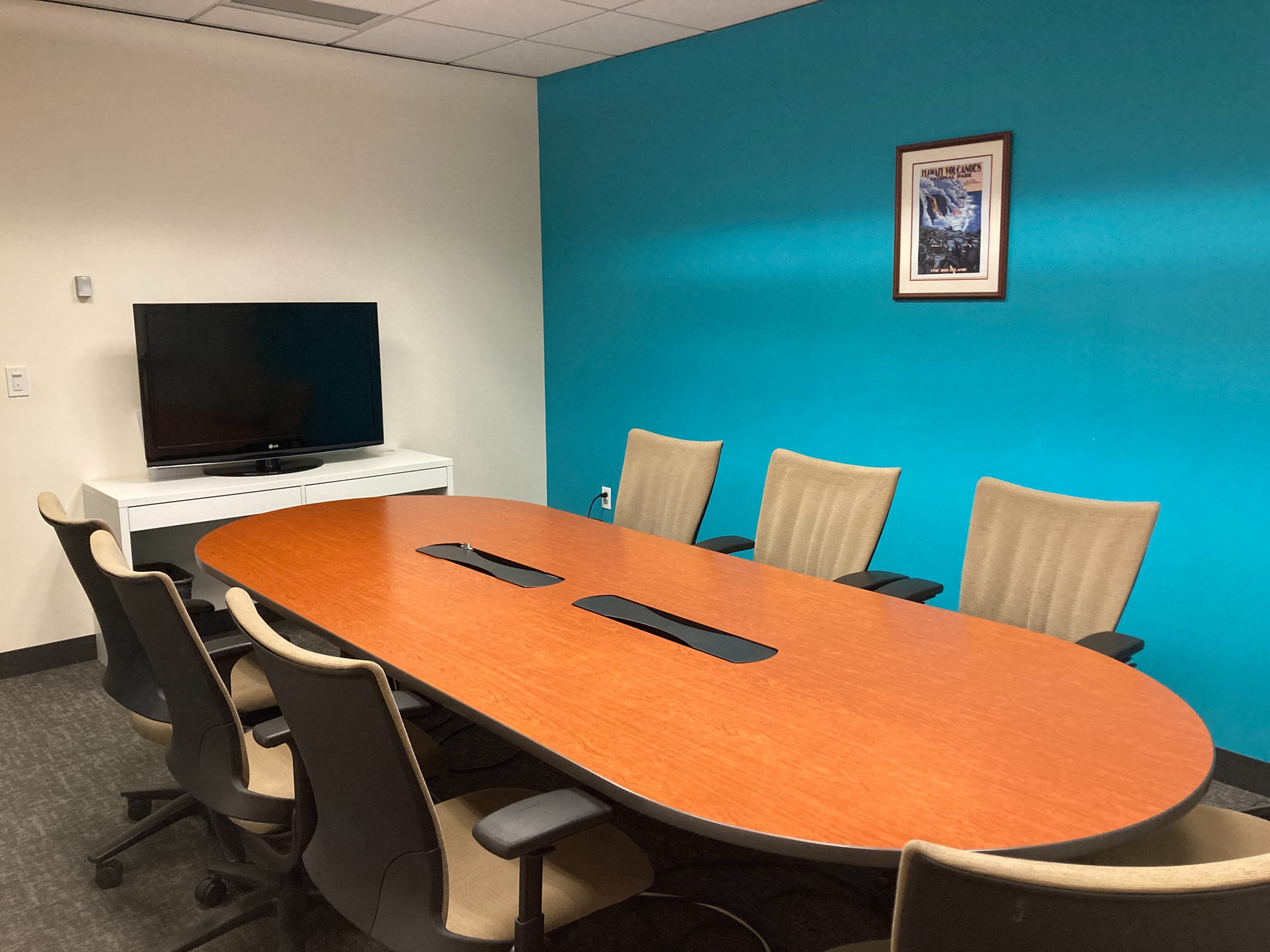 The image shows a conference room with a large oval table surrounded by six chairs, a television on the wall, and a framed picture above it, all against a turquoise backdrop.