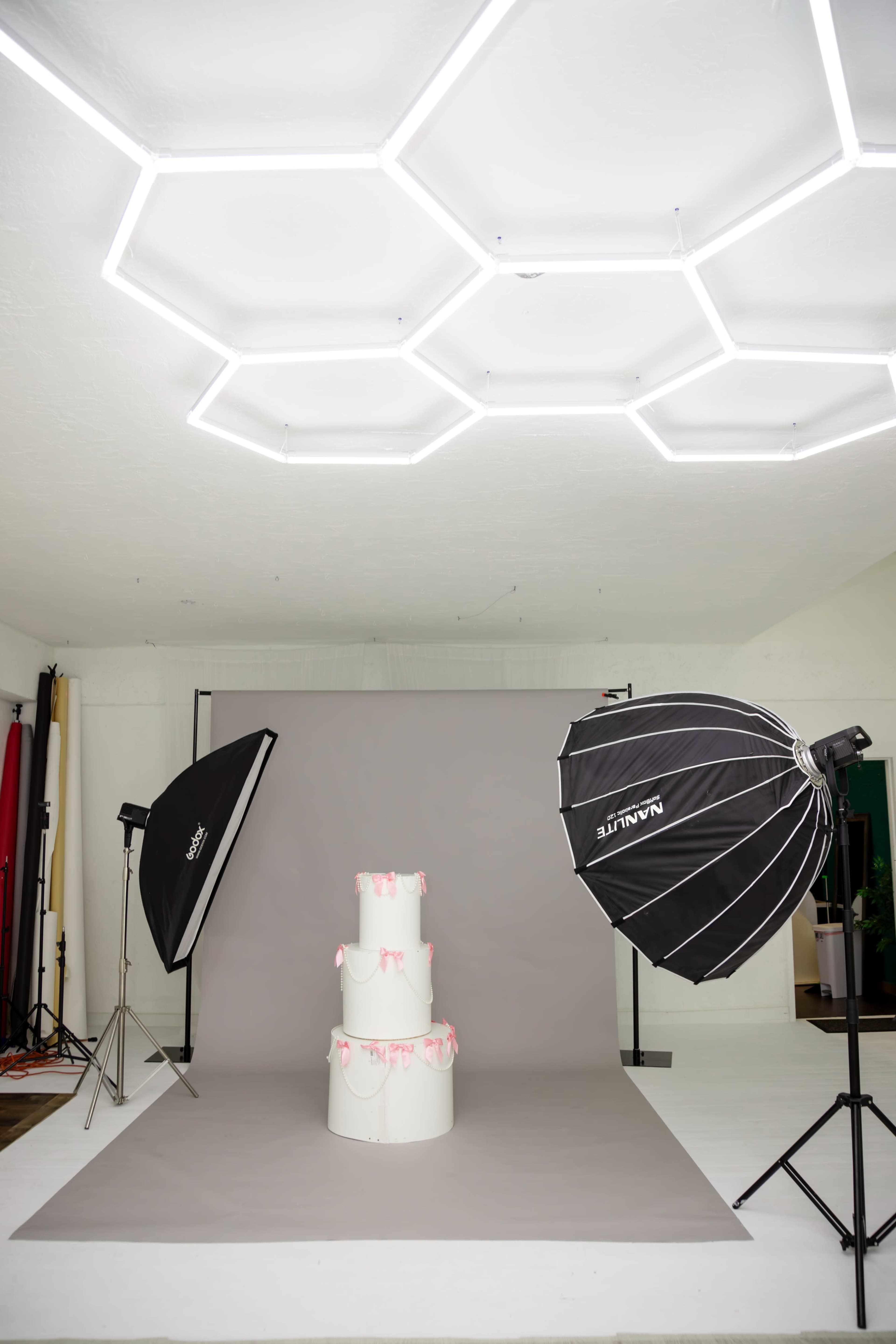 A three-tiered white cake with pink decorations is positioned in front of a gray backdrop, illuminated by studio lights and hexagonal overhead lighting.