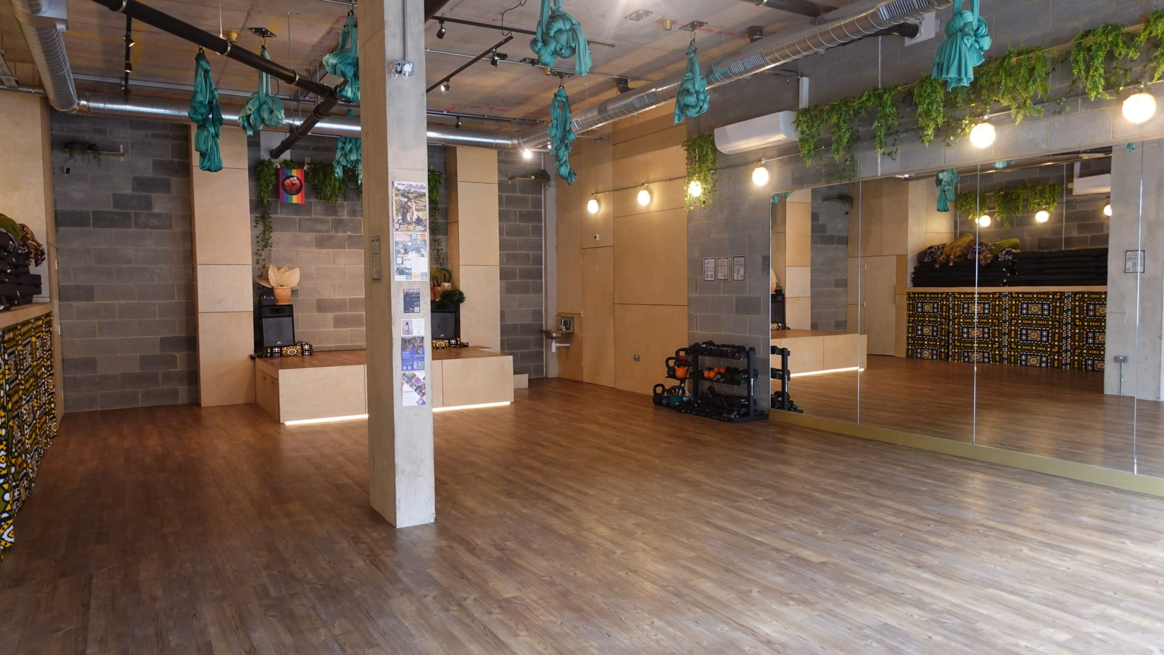 The image shows an empty fitness studio with wooden flooring, plants hanging from the ceiling, and large mirrors on one wall.