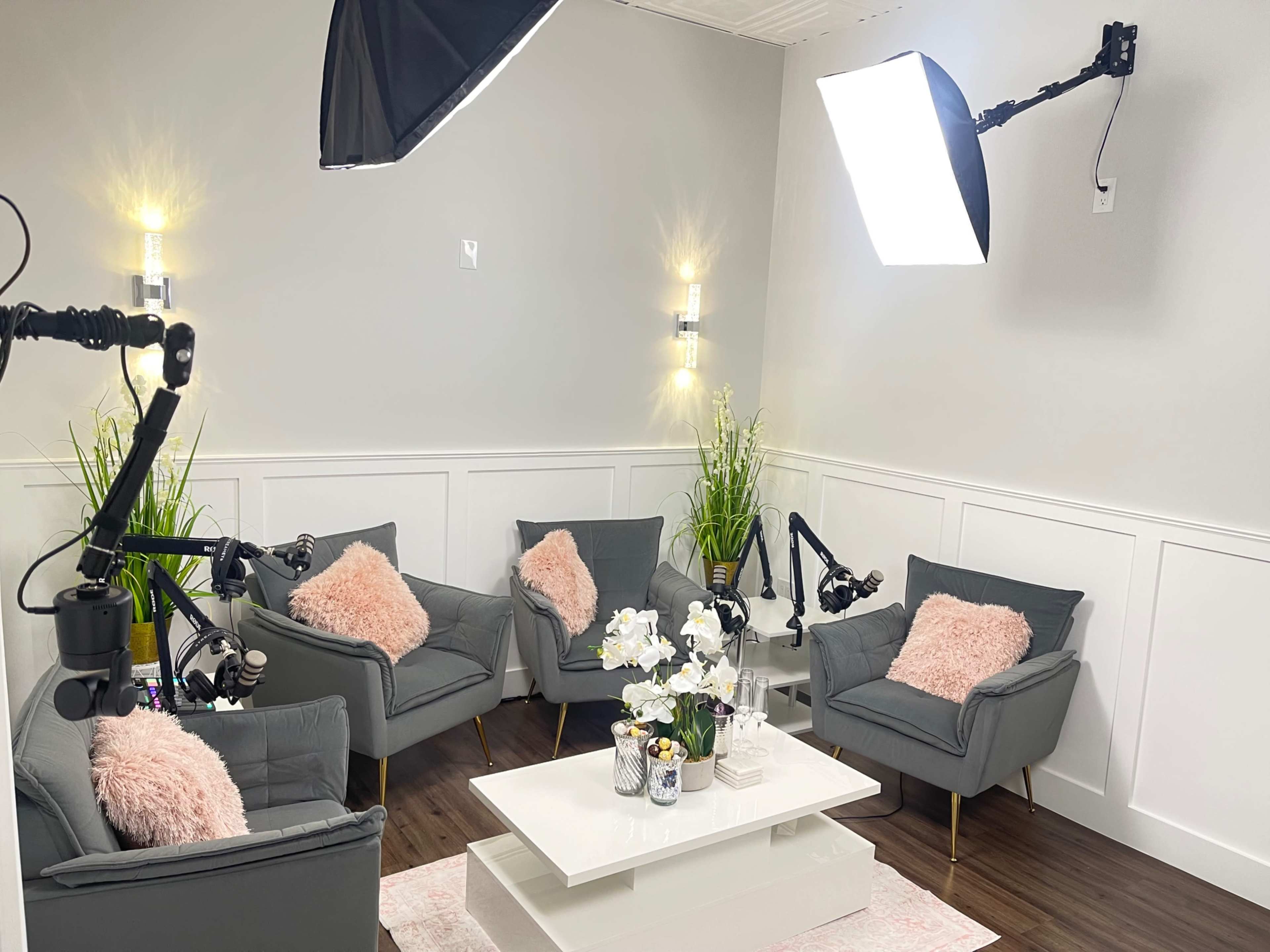 The image shows a well-lit, stylish indoor setting with four gray armchairs adorned with pink cushions arranged around a white coffee table, accompanied by decorative plants and studio lighting.