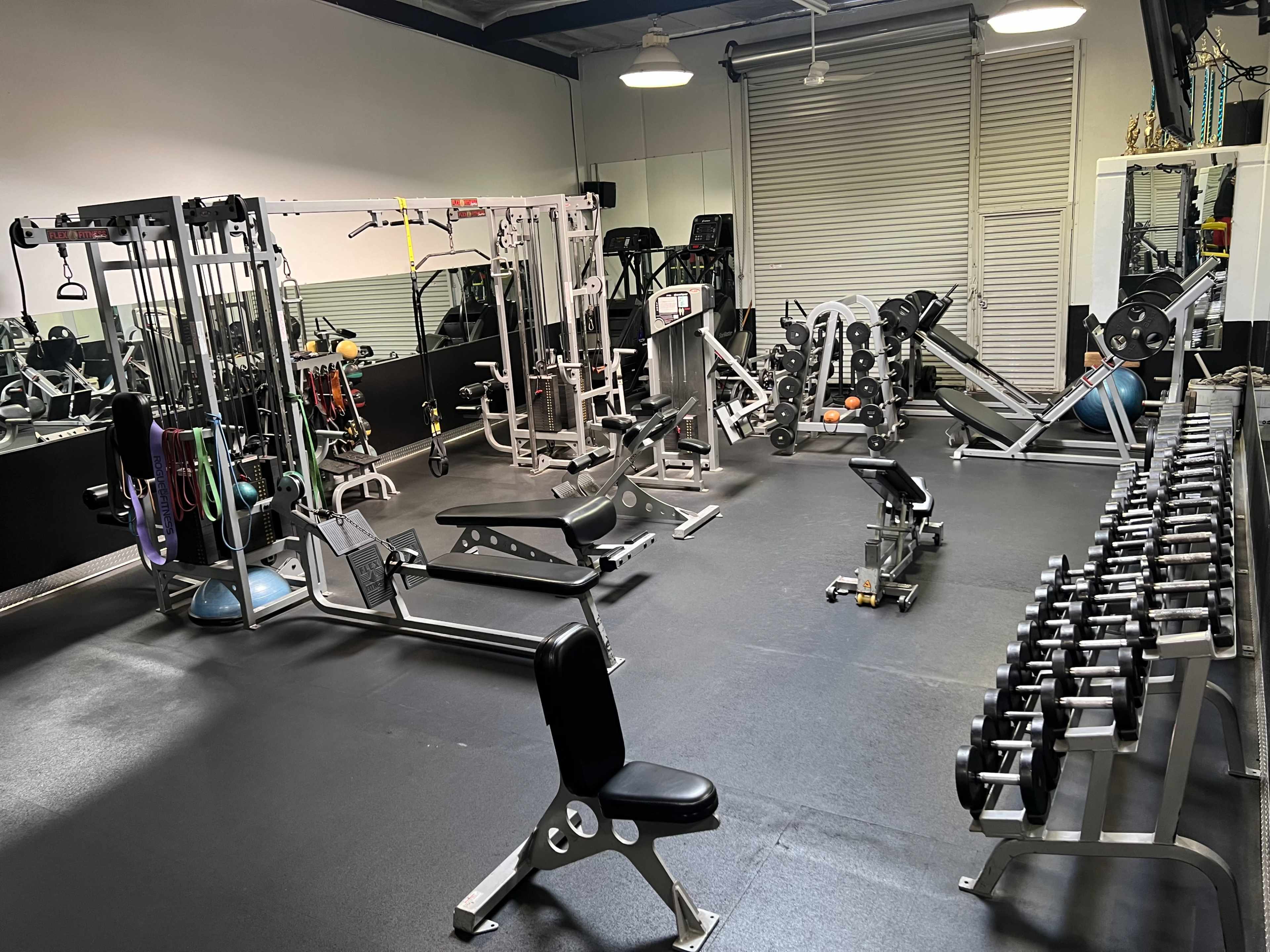 The image shows a well-equipped gym featuring various workout machines, free weights, and exercise equipment arranged neatly on a rubber floor.