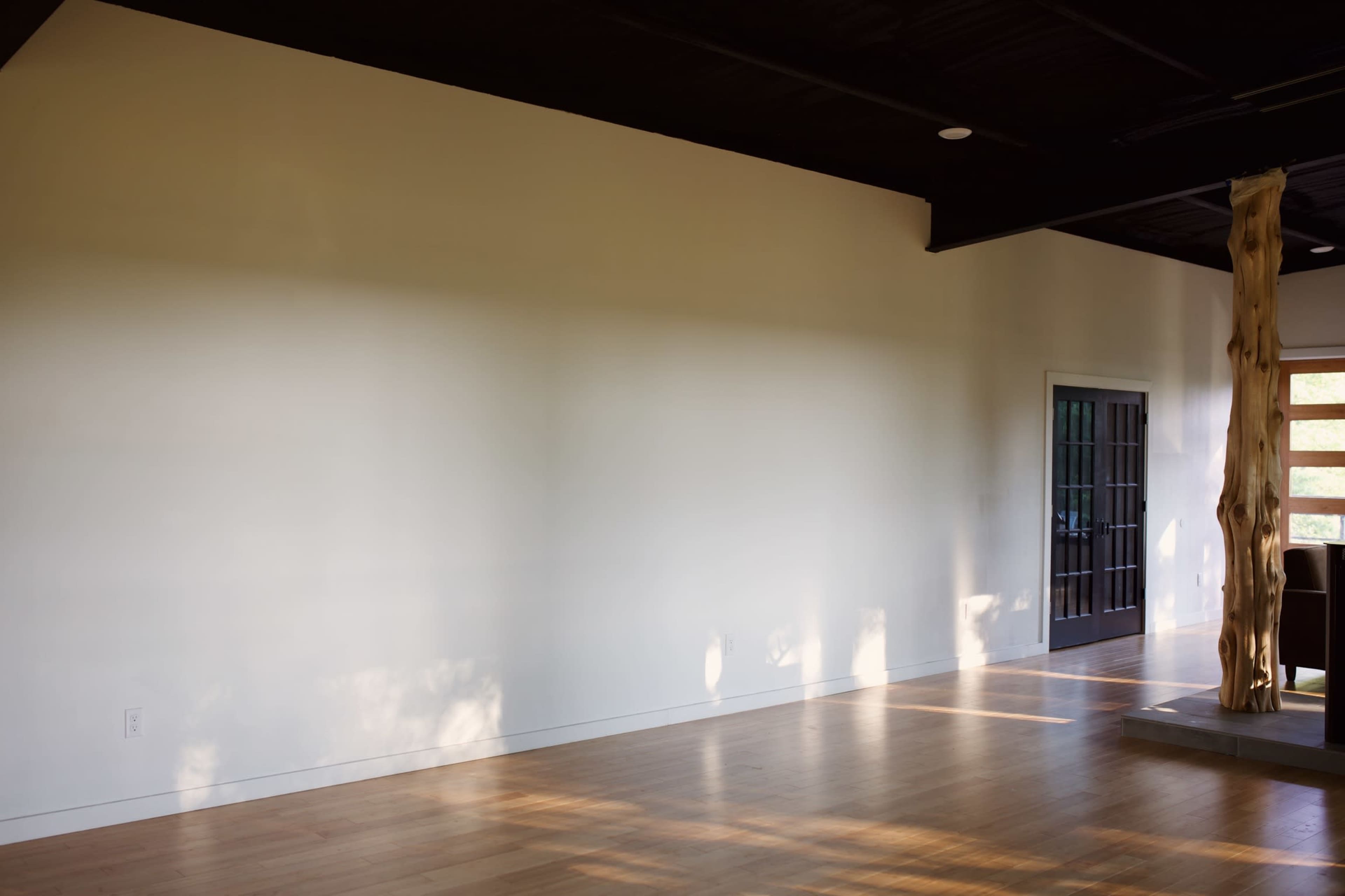 A spacious room with a blank white wall, wooden flooring, and a door leading outside.