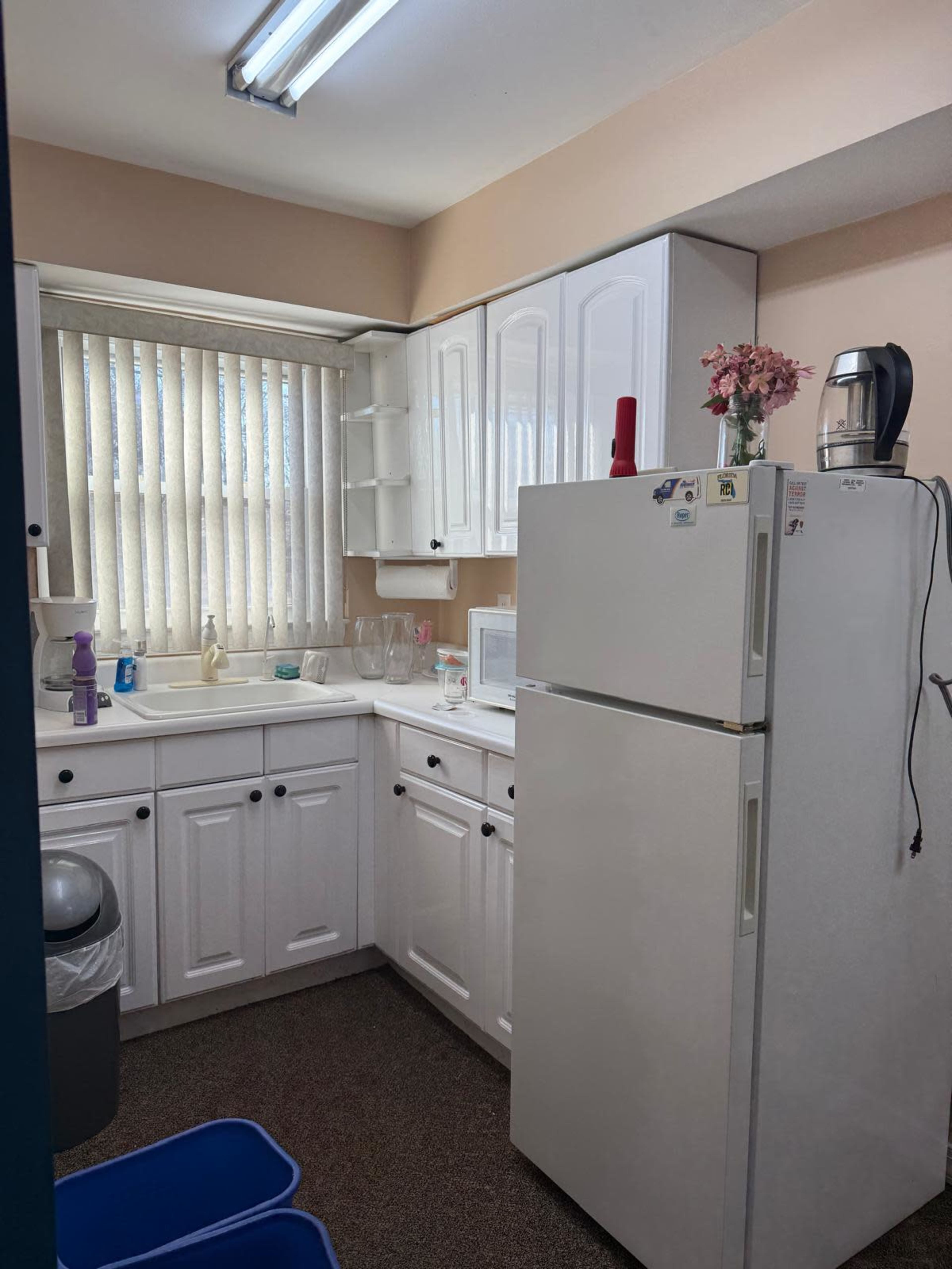 The kitchen features white cabinets, a refrigerator, and a countertop with various kitchen items, all illuminated by overhead fluorescent lights.