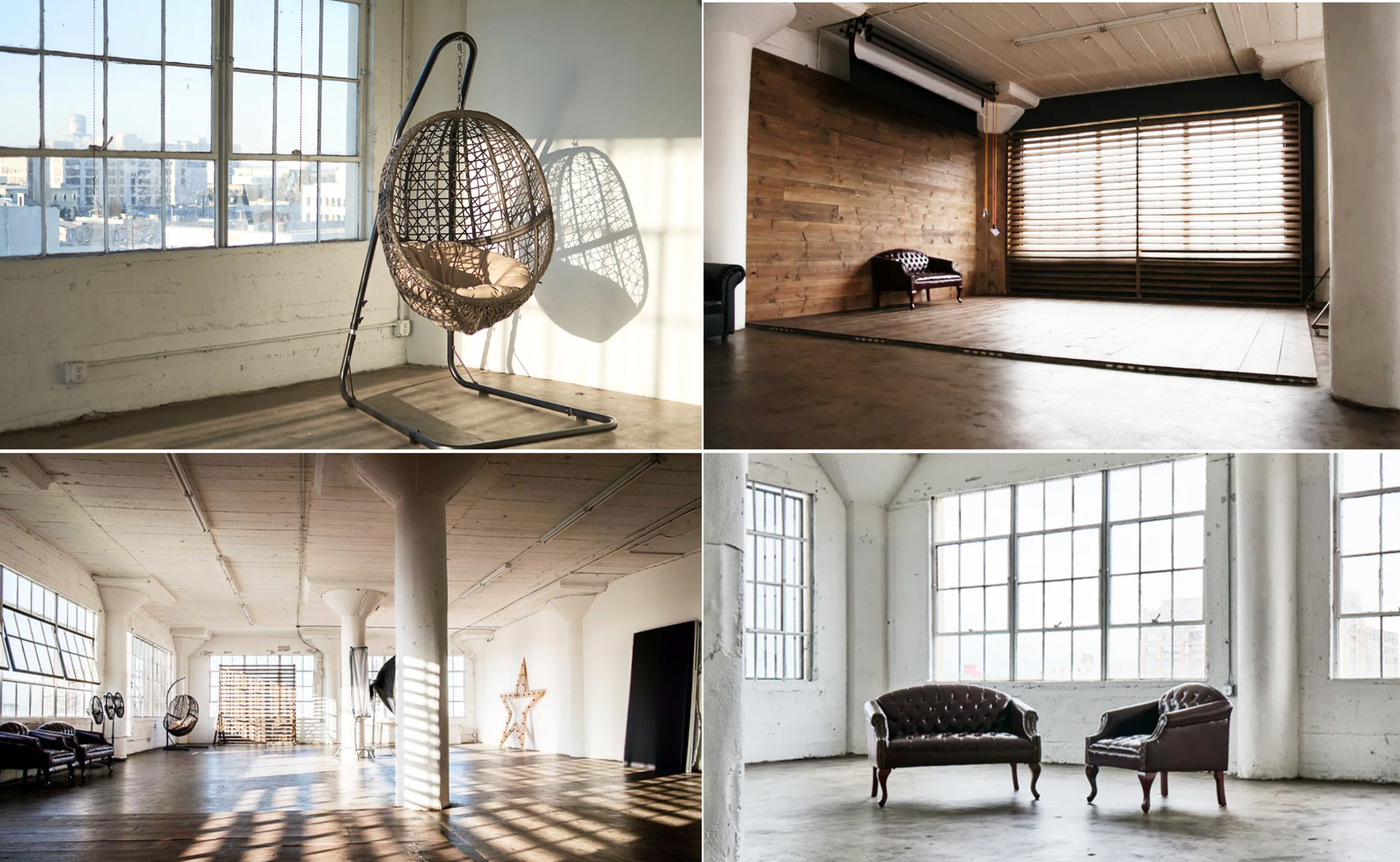 A spacious, well-lit studio featuring a hanging chair, two brown couches, and large windows, with wood and concrete elements in the interior design.
