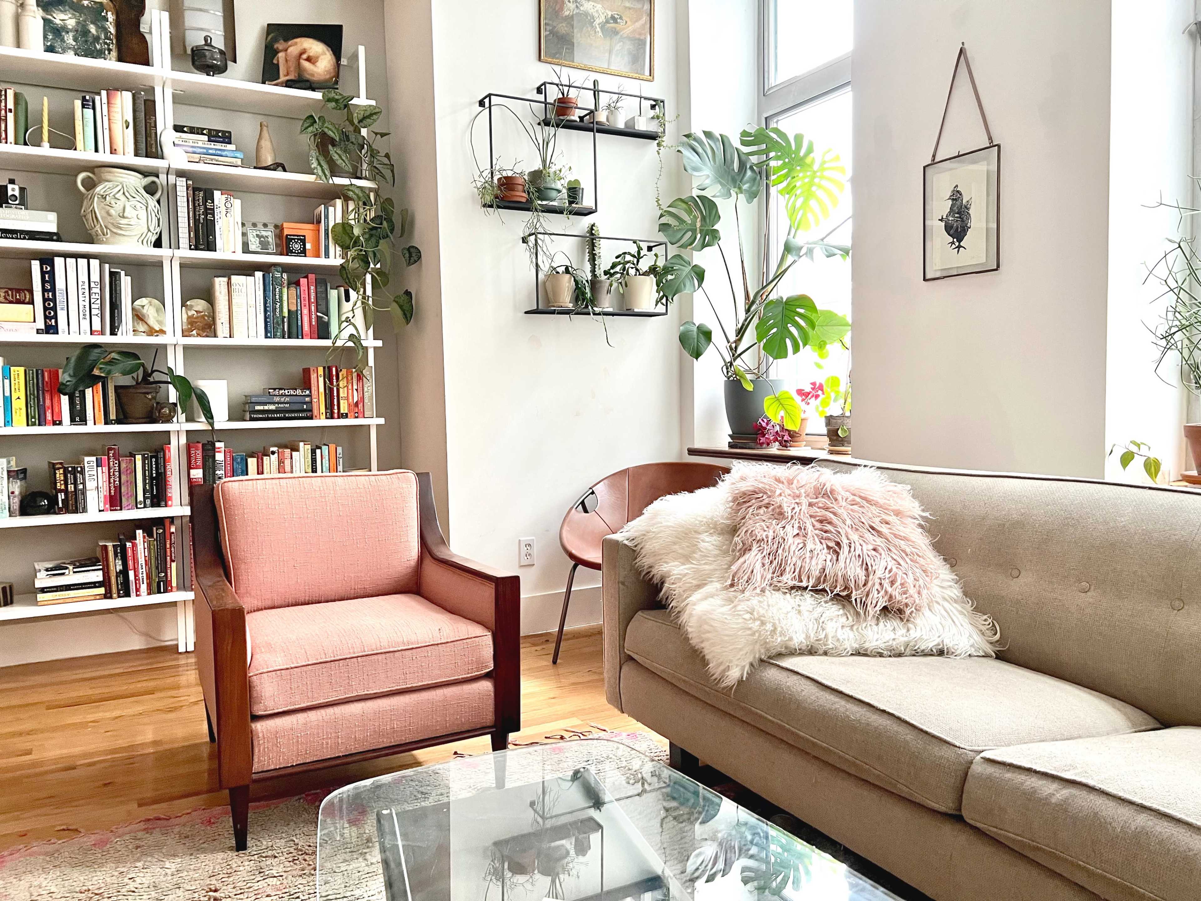 The image shows a cozy living room with a pink armchair, a beige sofa with a decorative pillow, a bookshelf filled with books, and various indoor plants.