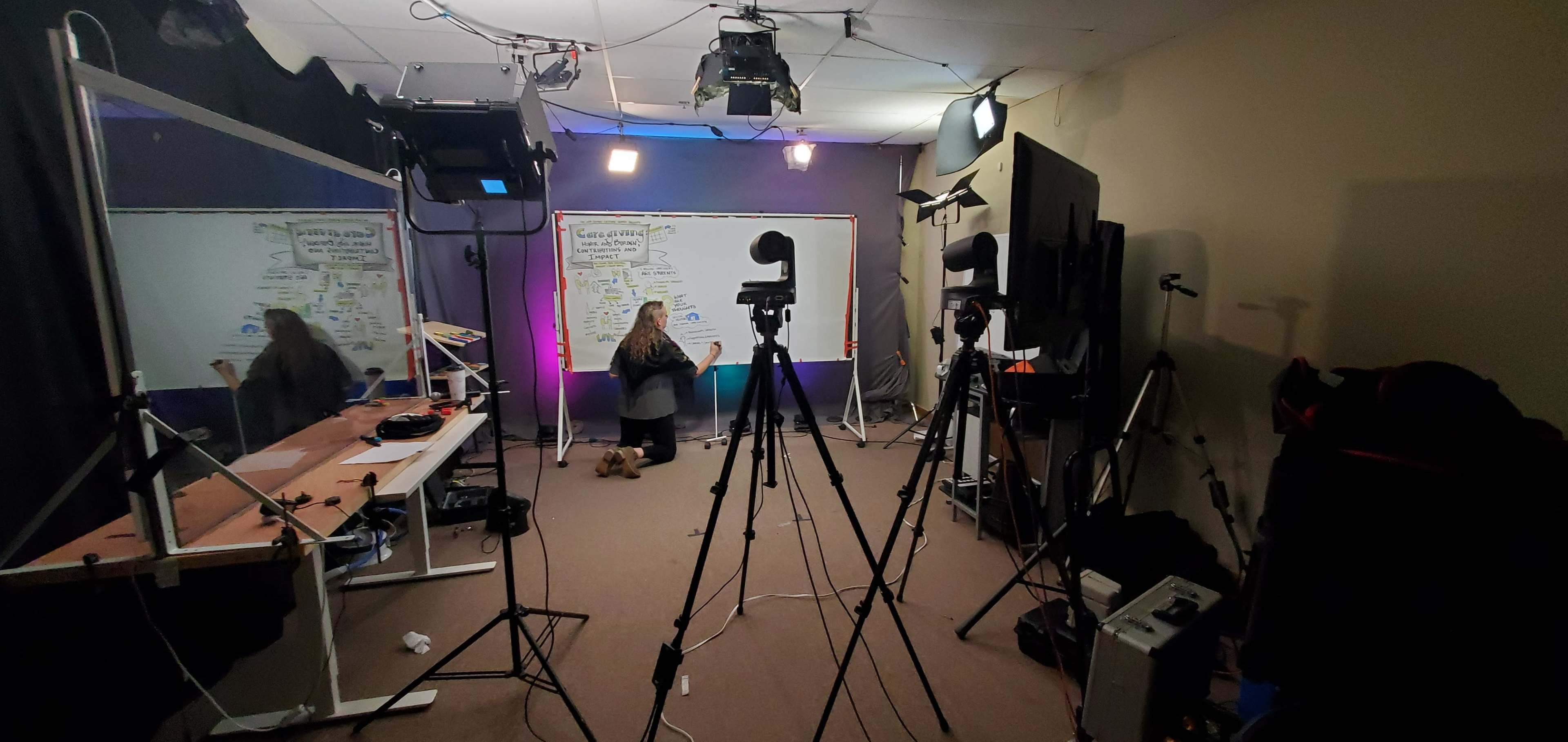 A person is writing on a whiteboard in a recording studio equipped with multiple cameras and lights.