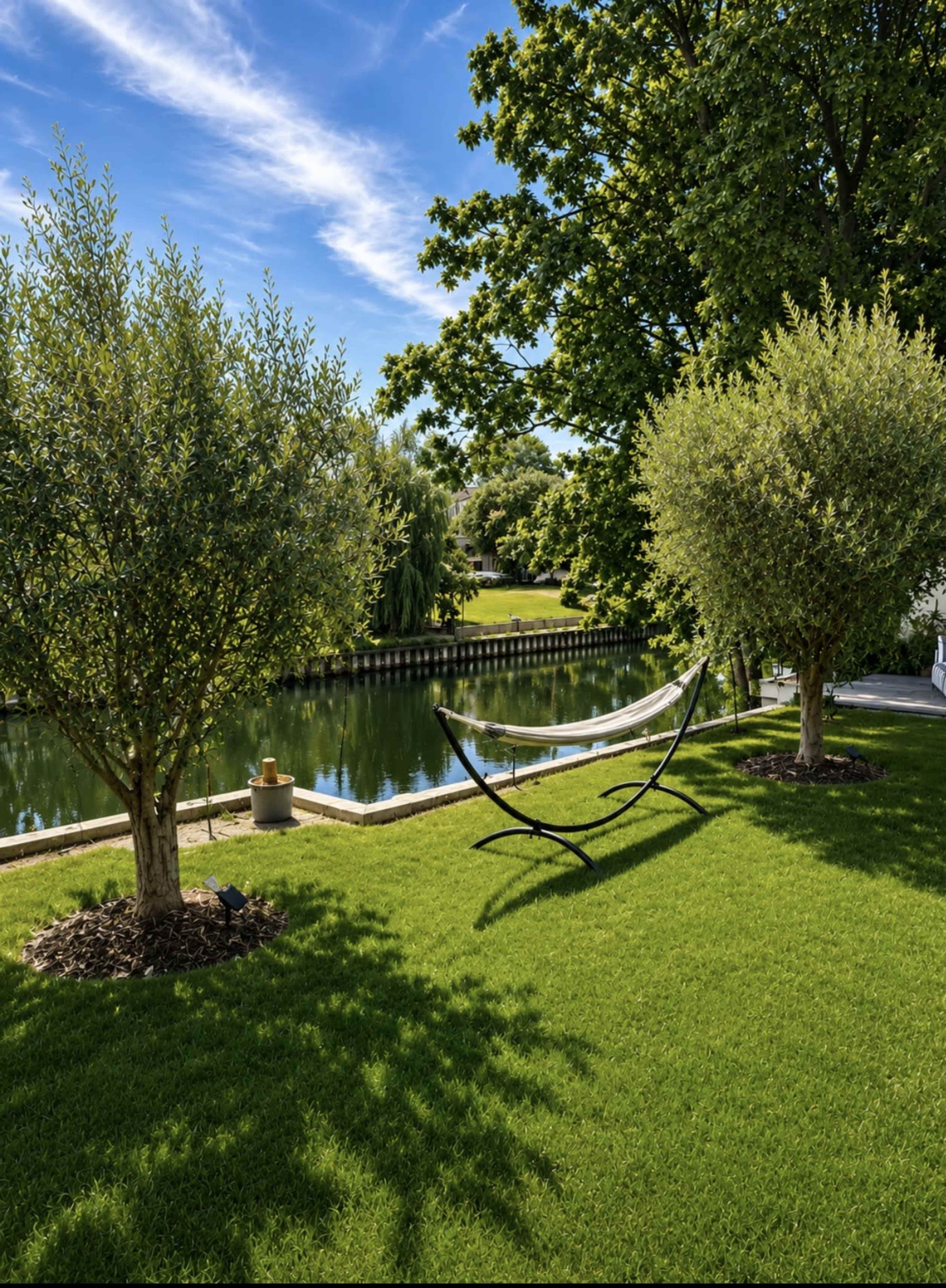The image showcases a tranquil backyard with two olive trees, a hammock on a stand, and a calm waterway surrounded by lush green grass.