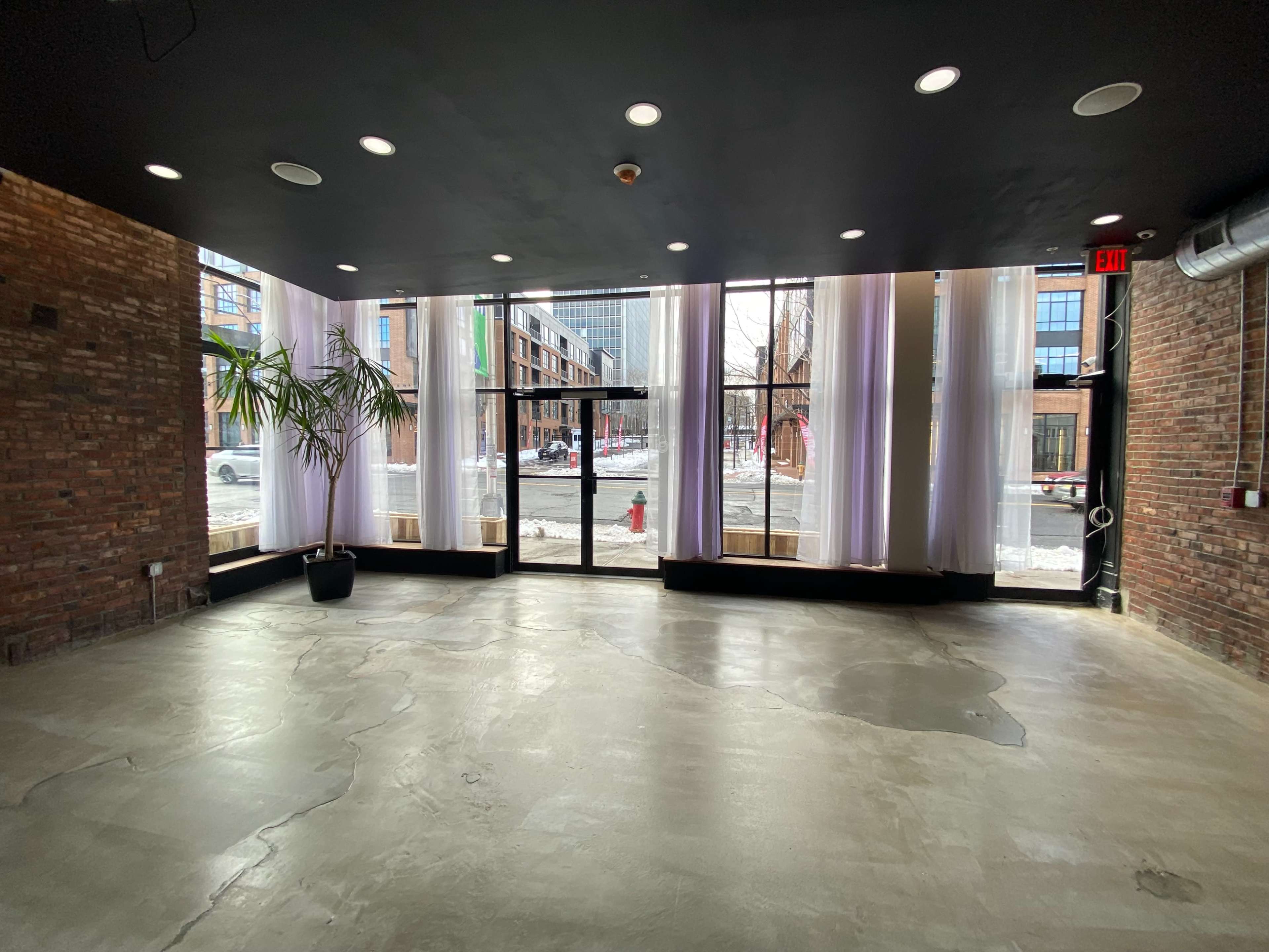 The image shows an empty room with a polished concrete floor, large windows covered with white curtains, and a potted plant in the corner.