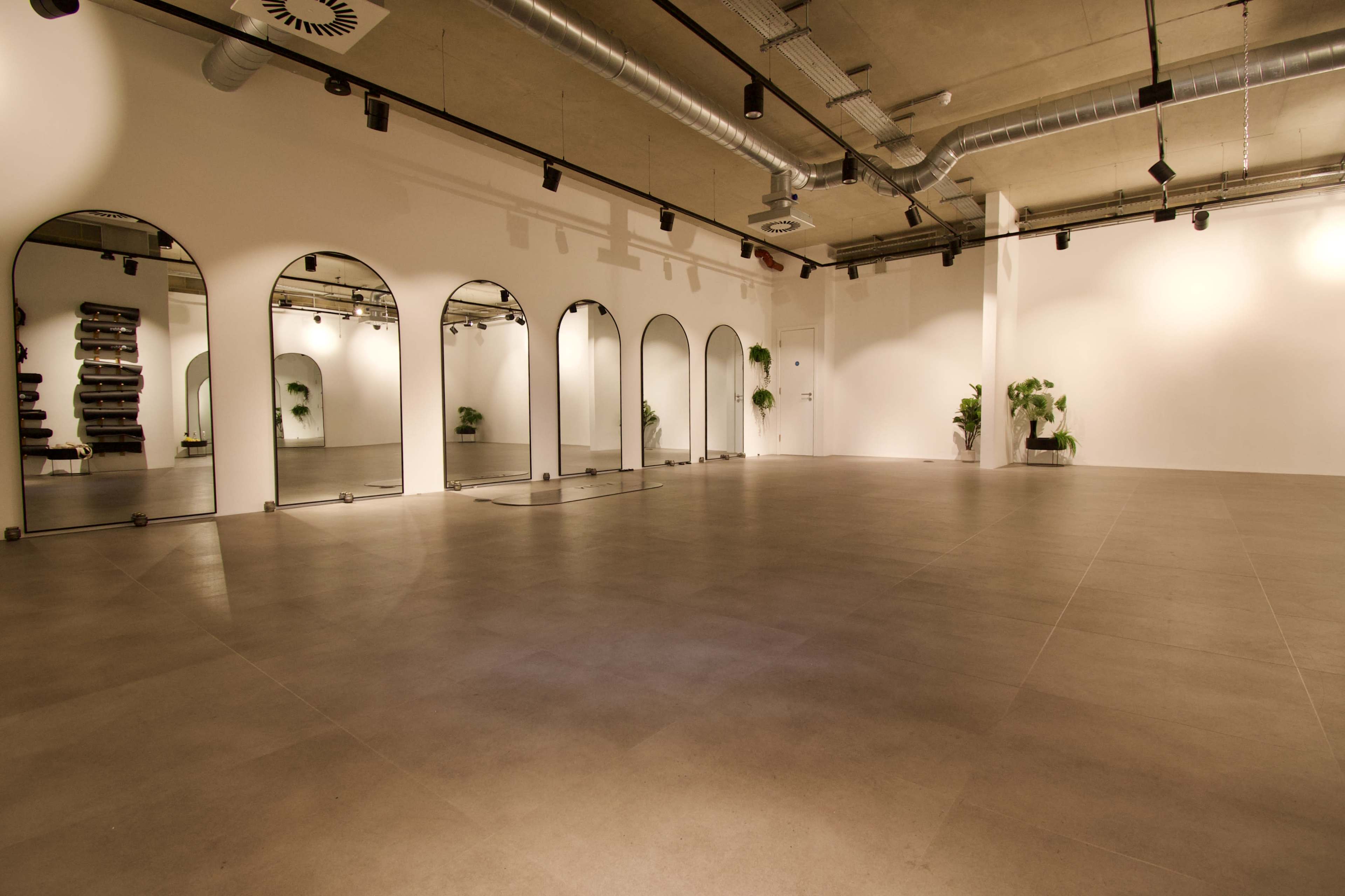 The image shows a spacious, modern studio with arched mirrors and greenery in the corners.