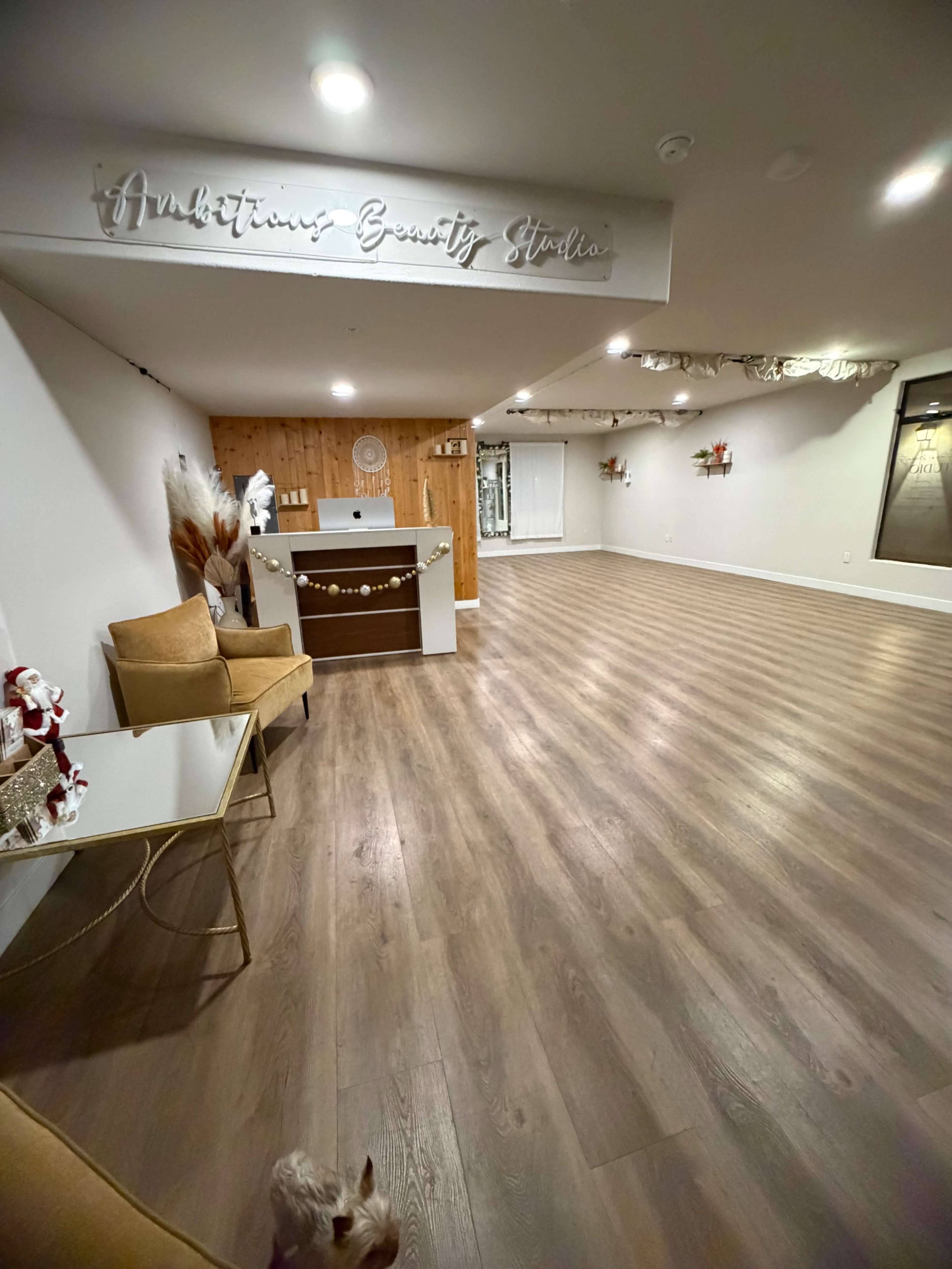 The image shows the interior of a beauty studio with a reception desk, seating area, and wooden accents on the walls.