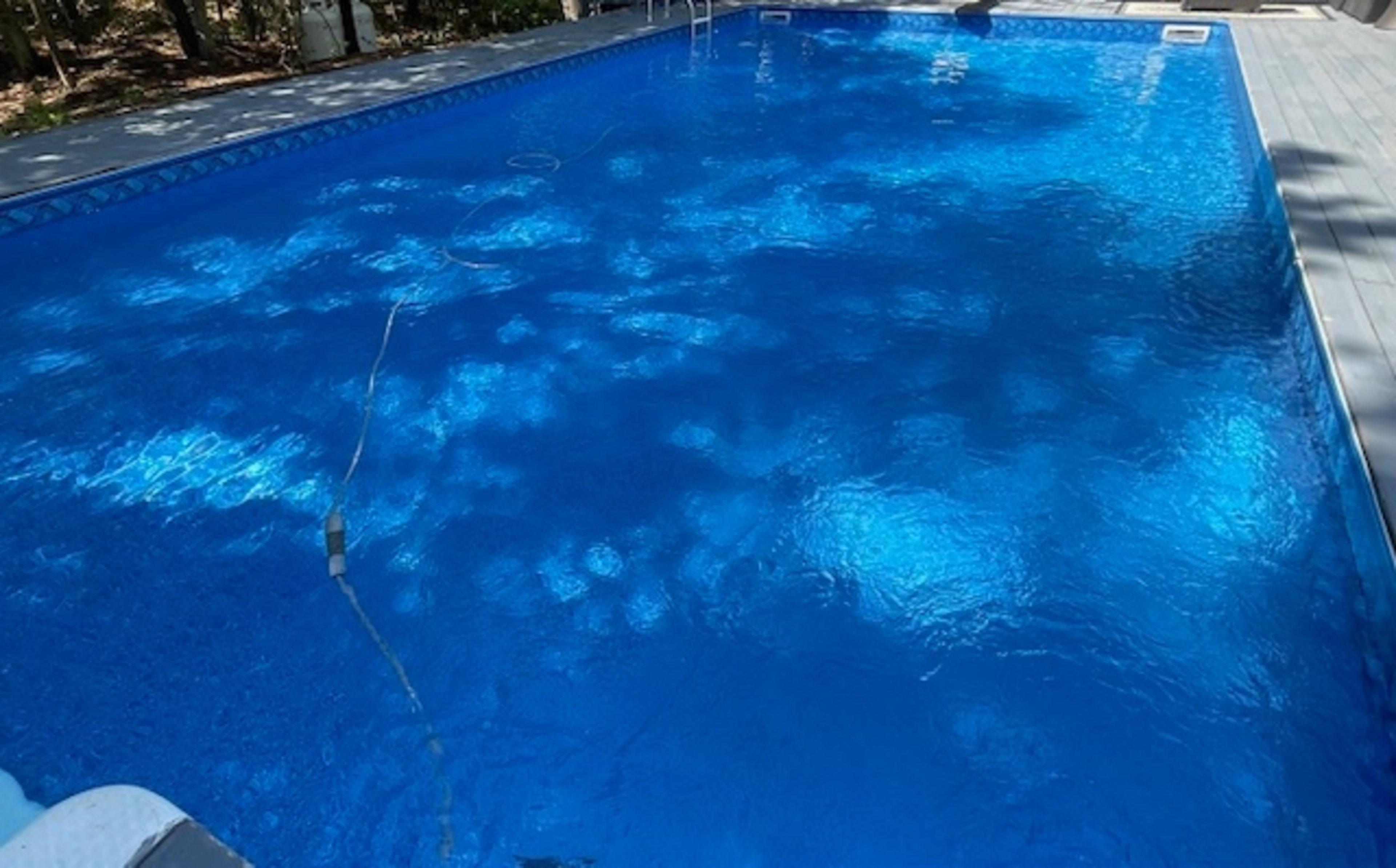 The image shows a clear, blue swimming pool surrounded by trees and shaded areas.