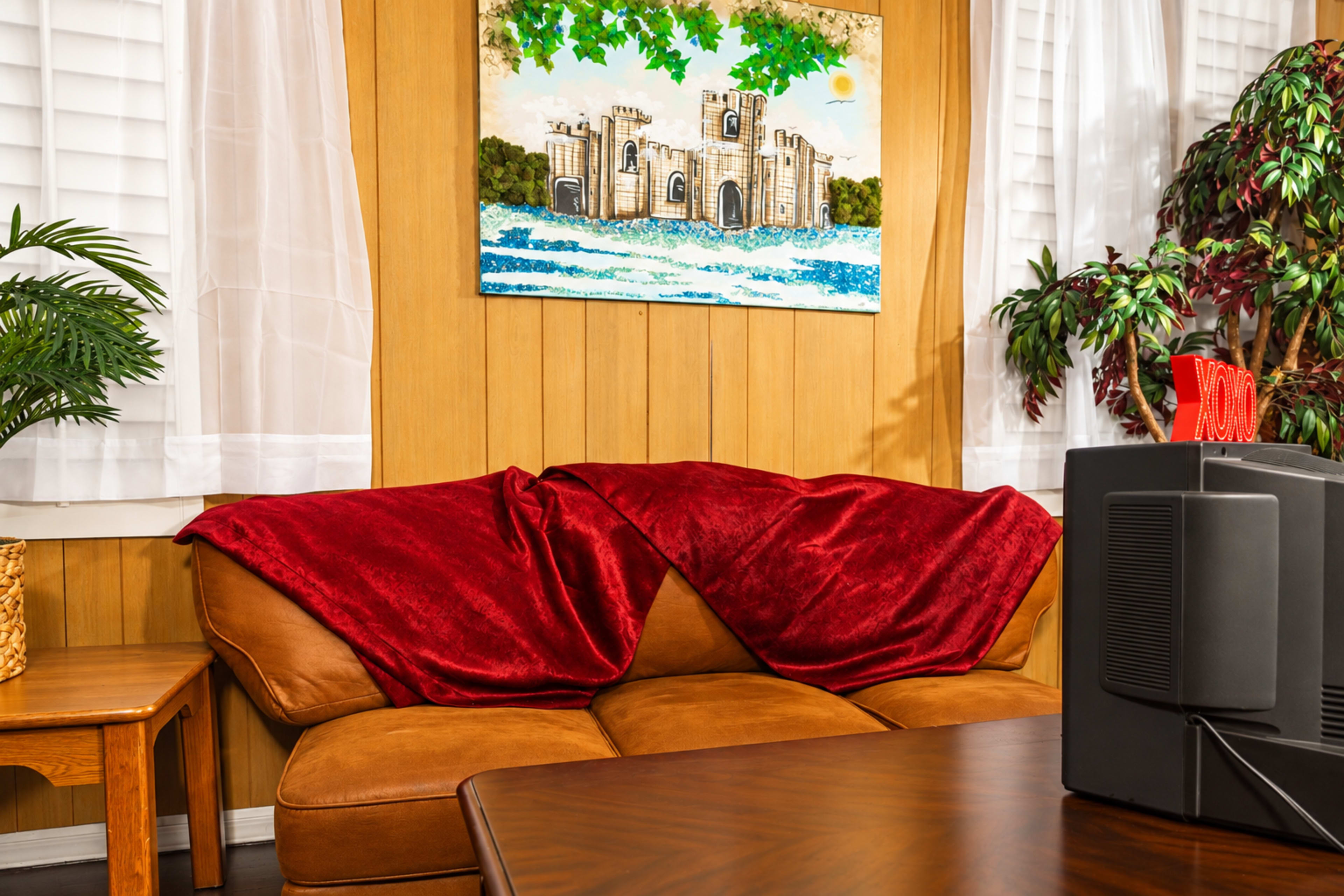 The image shows a living room with a brown couch covered in red throws, a wooden table, a television, and a painting of a castle on the wall.