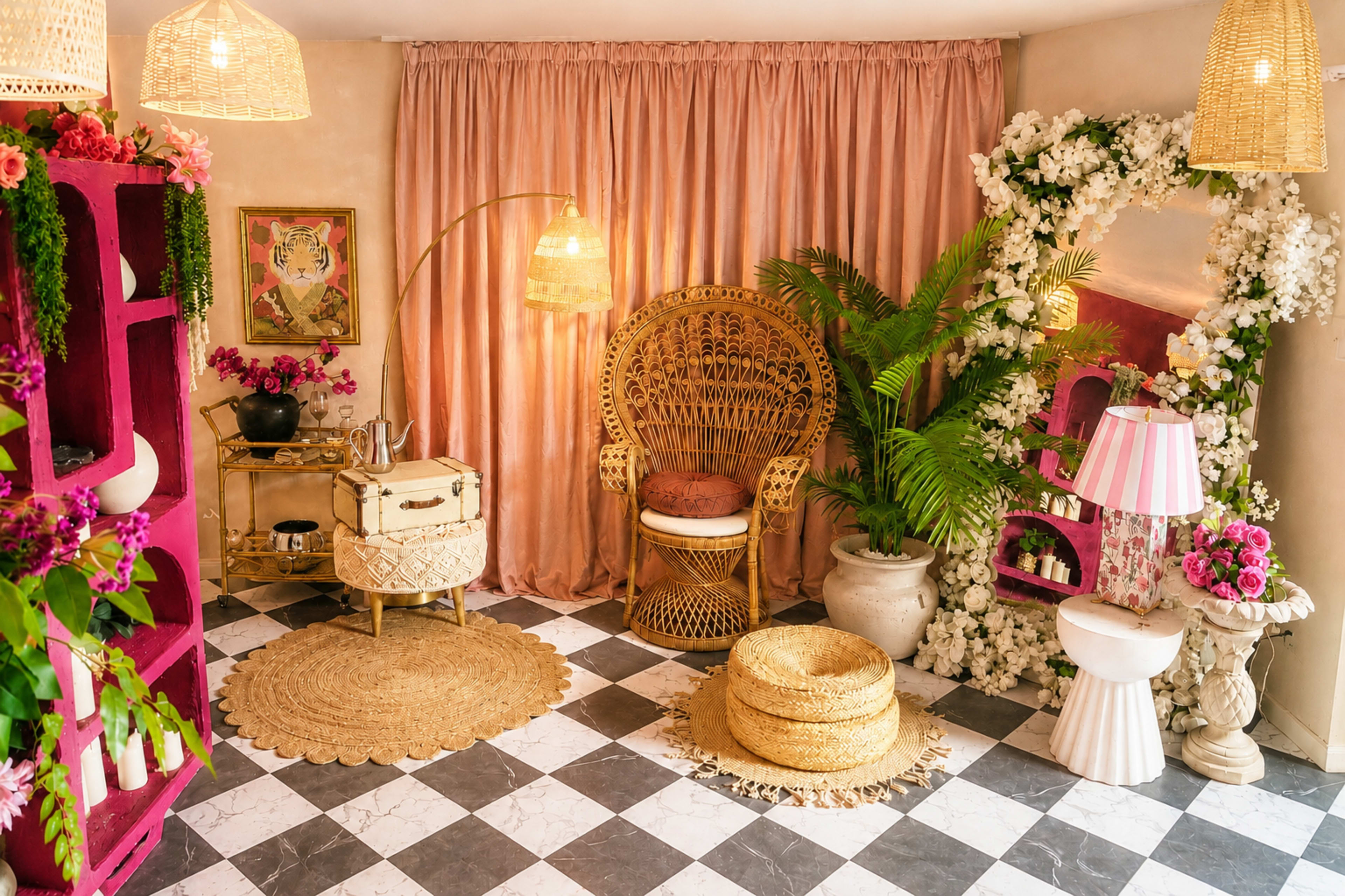 A cozy room features a large rattan chair, a pink curtain, potted plants, and decorative flowers, surrounded by various furnishings and a checkered floor.