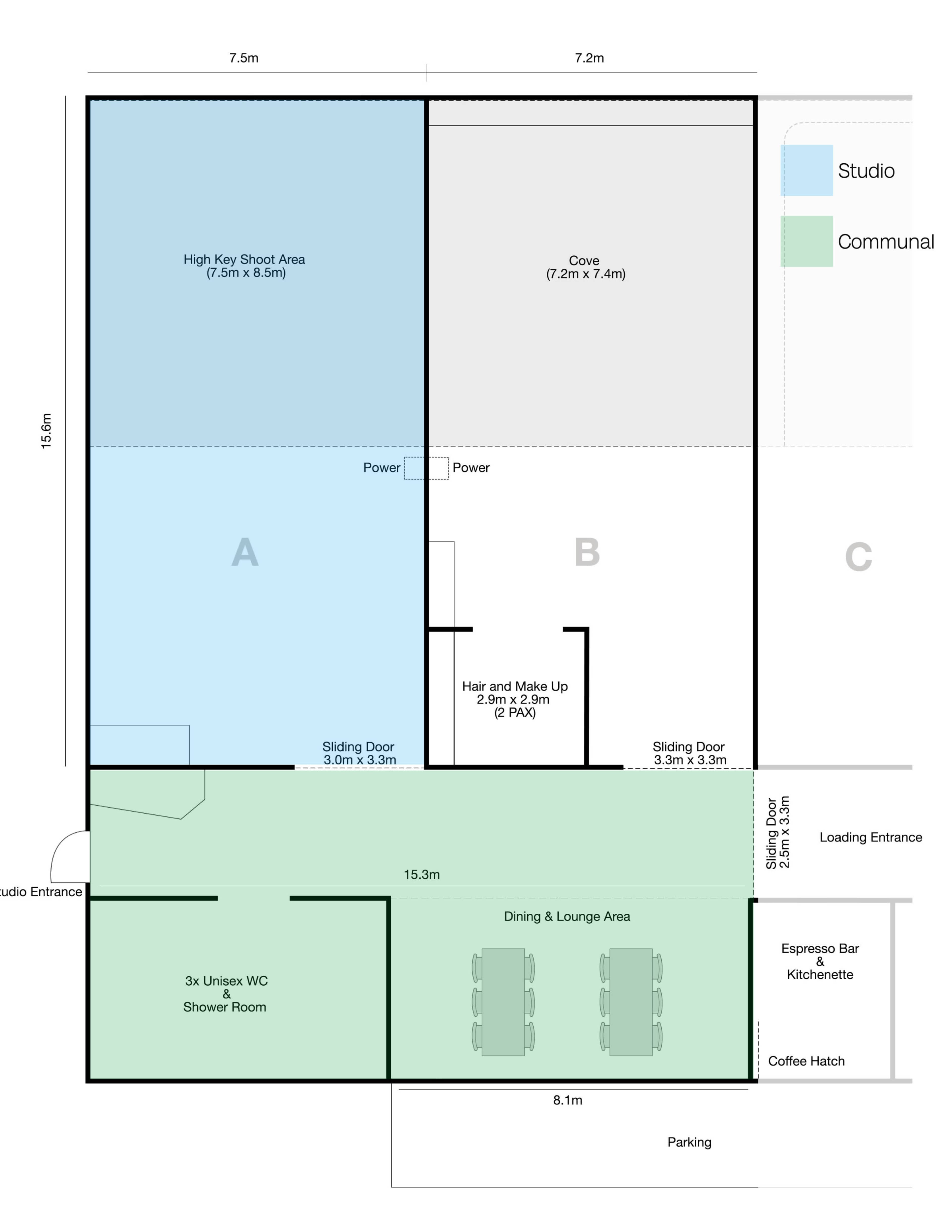 The diagram shows the floor plan of a building with labeled areas including a studio, communal space, and various rooms for hair and makeup, dining, and restrooms.