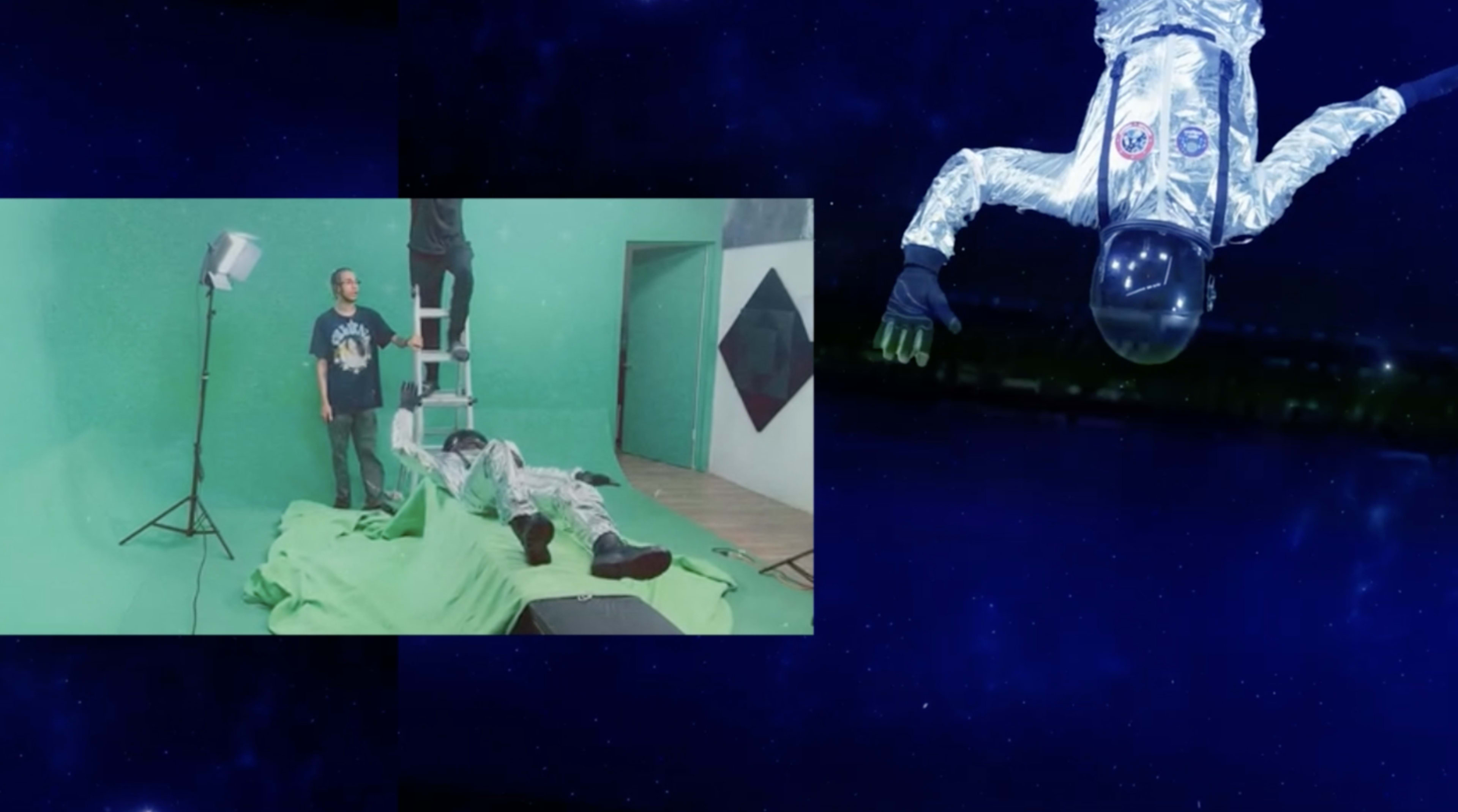 The image shows a split scene with one side featuring a person in an astronaut suit lying on a green backdrop while another person stands on a ladder above them, and the other side displays a floating astronaut in space.
