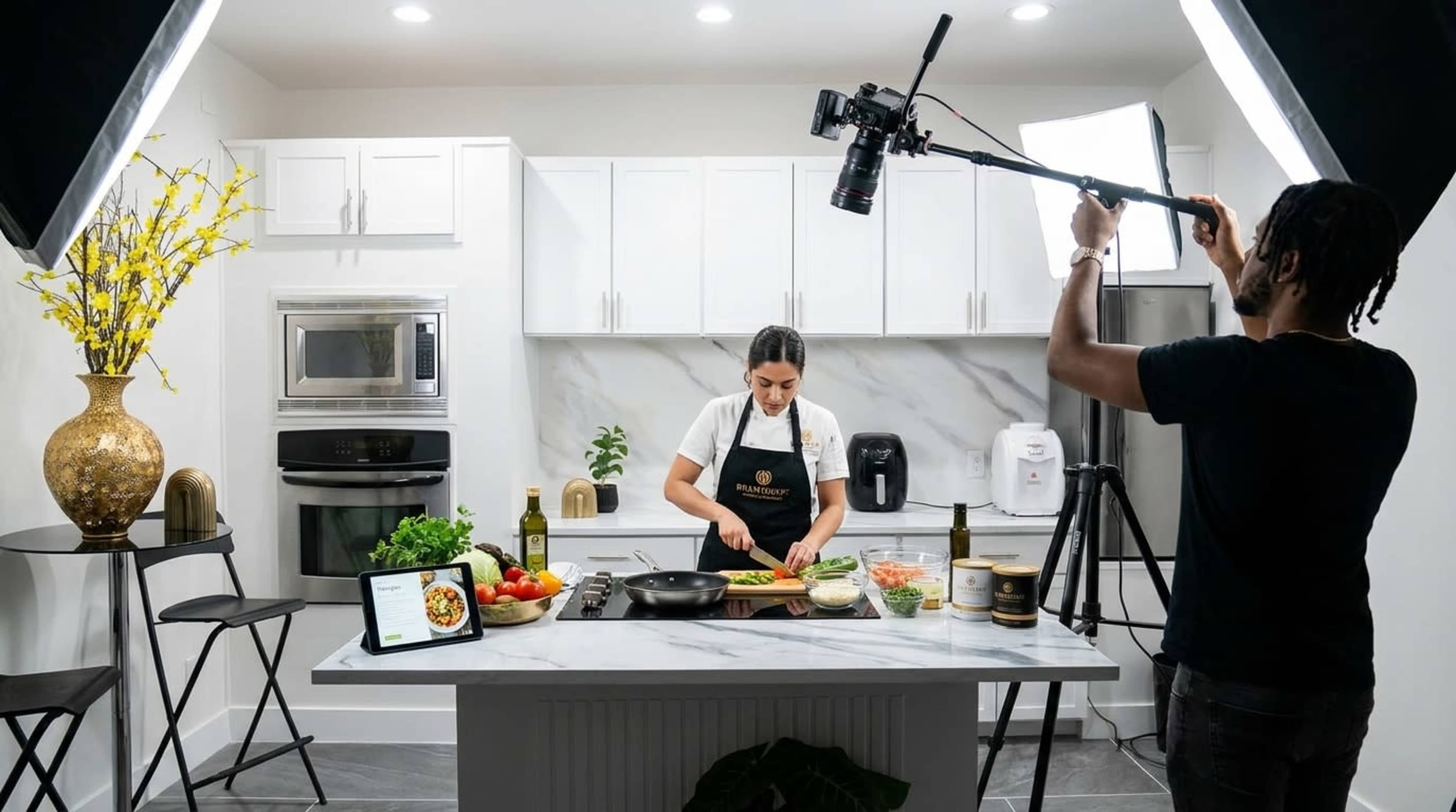 A person is preparing food in a modern kitchen while being filmed by another individual holding a camera.