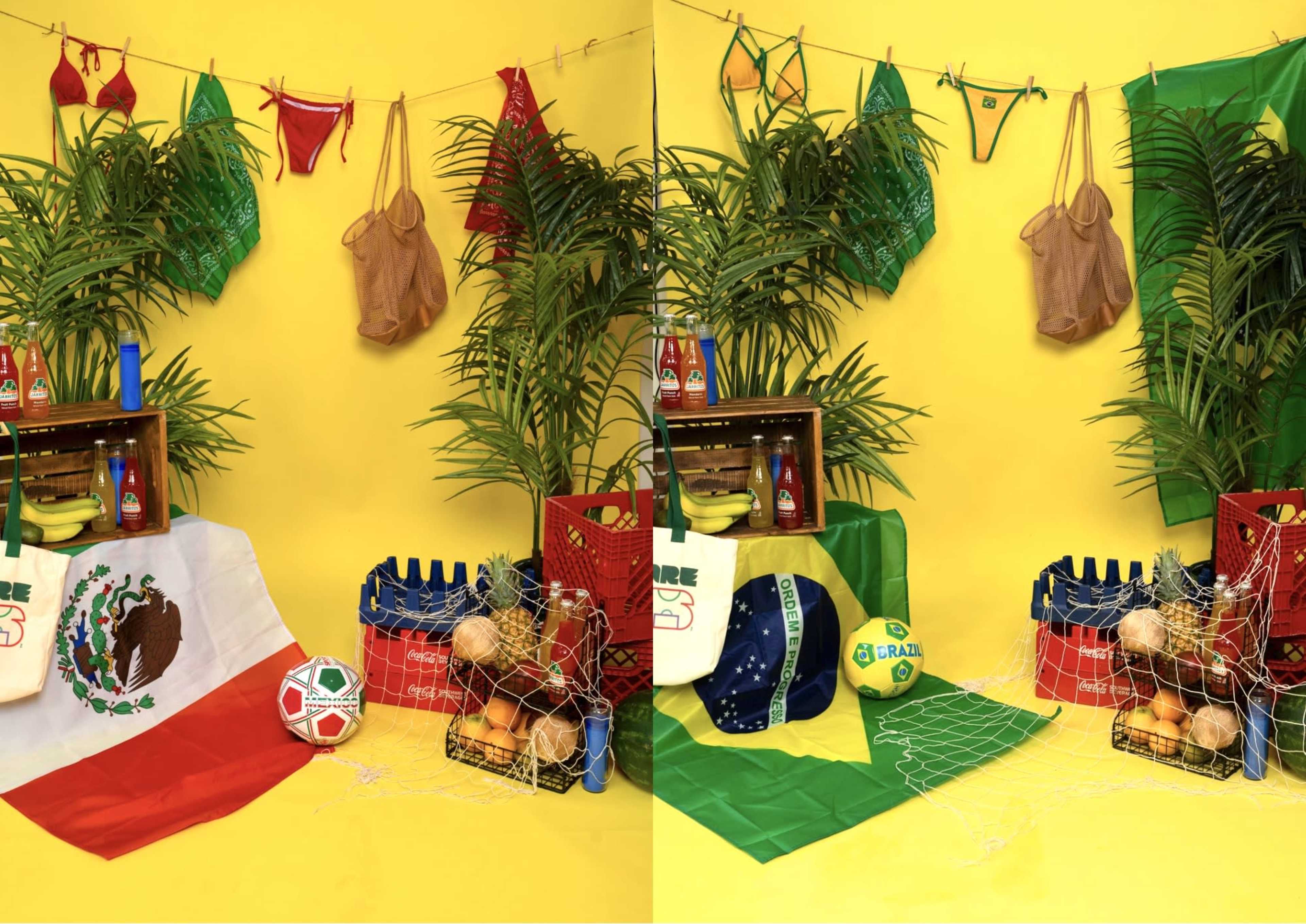The image features a vibrant yellow backdrop decorated with swimwear, flags, and various sports paraphernalia, including soccer items and beach-related accessories.