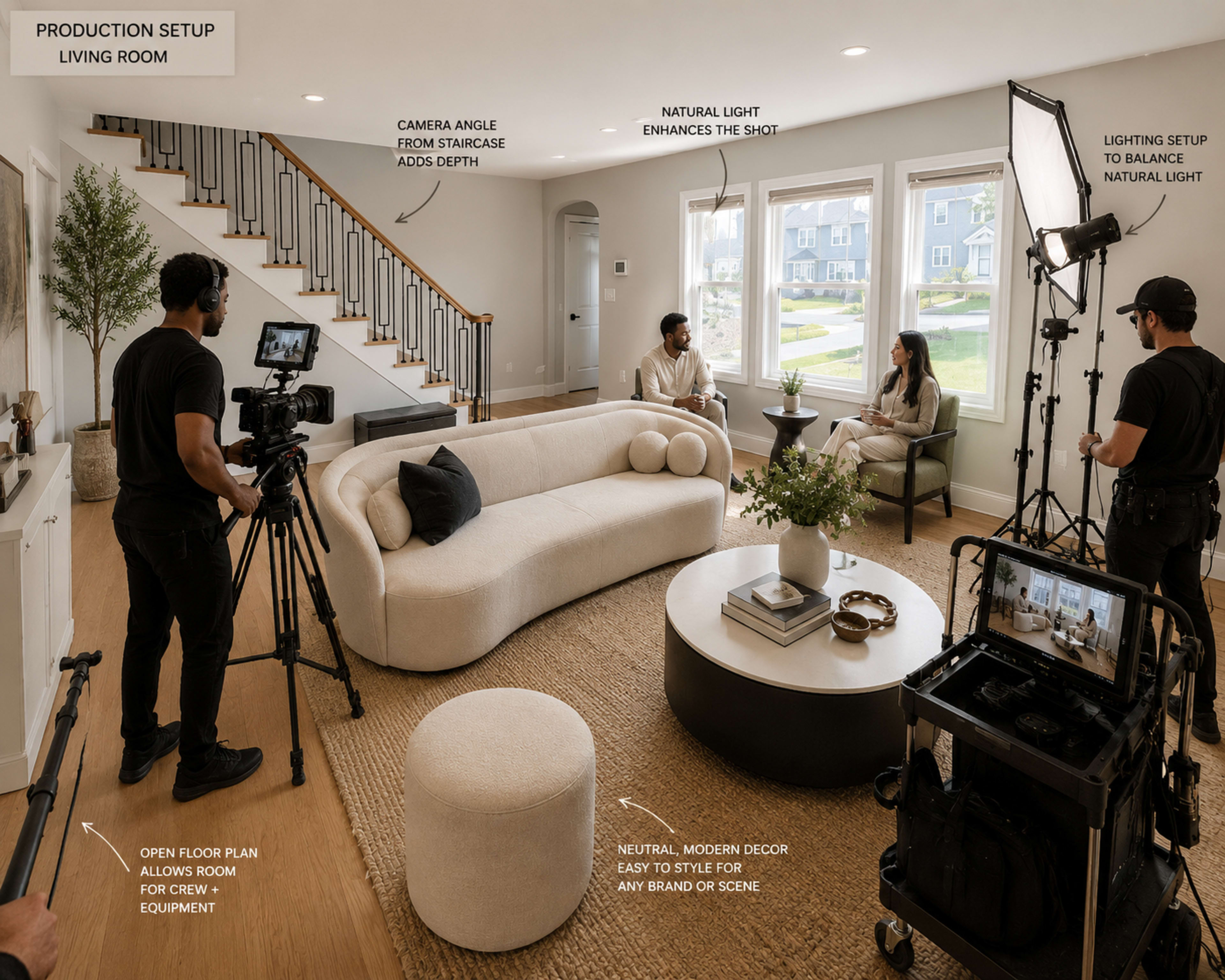 The image shows a living room set up for a video production, featuring a camera crew, lighting equipment, and two individuals seated on a couch.