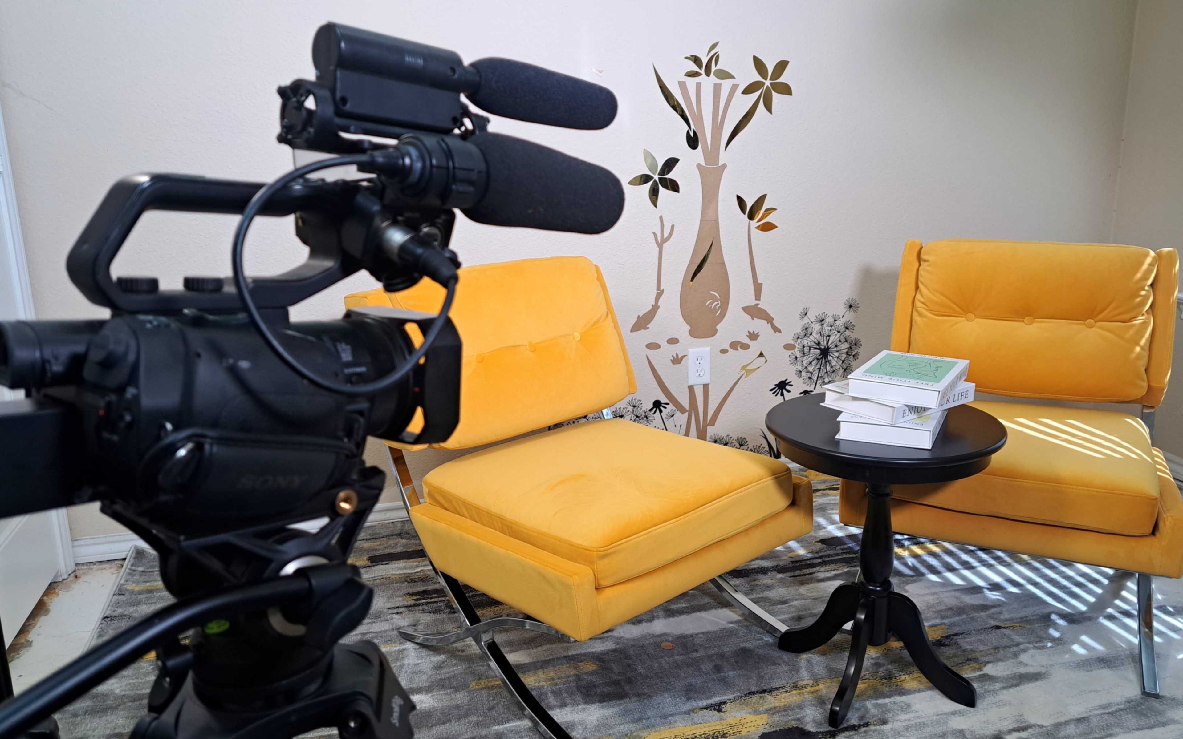 A video camera points at a small table stacked with books, flanked by two yellow armchairs, against a wall decorated with a tree mural.