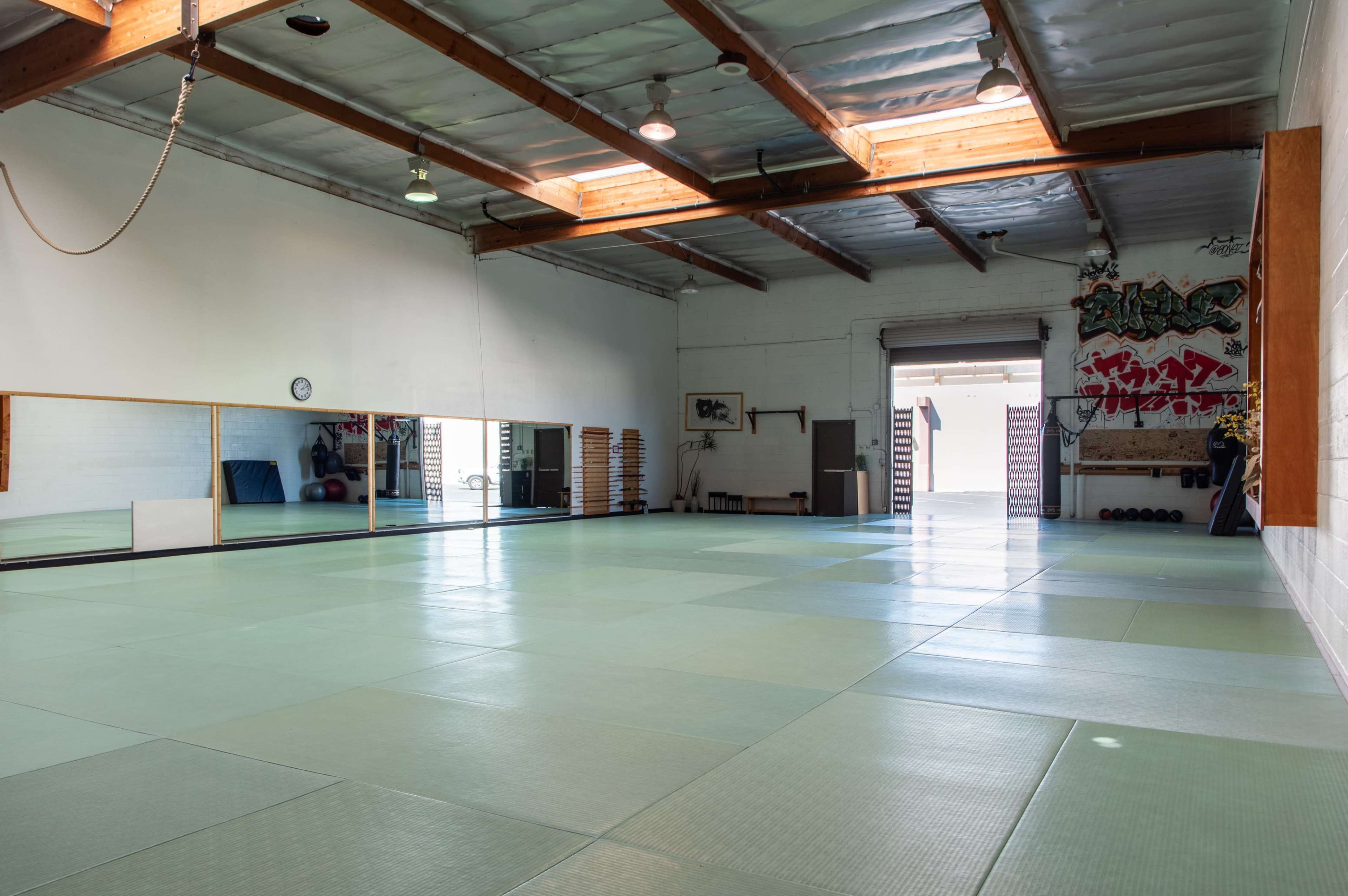 An empty martial arts studio with a mirrored wall, green mats, and a wide-open space leading to an exterior door.