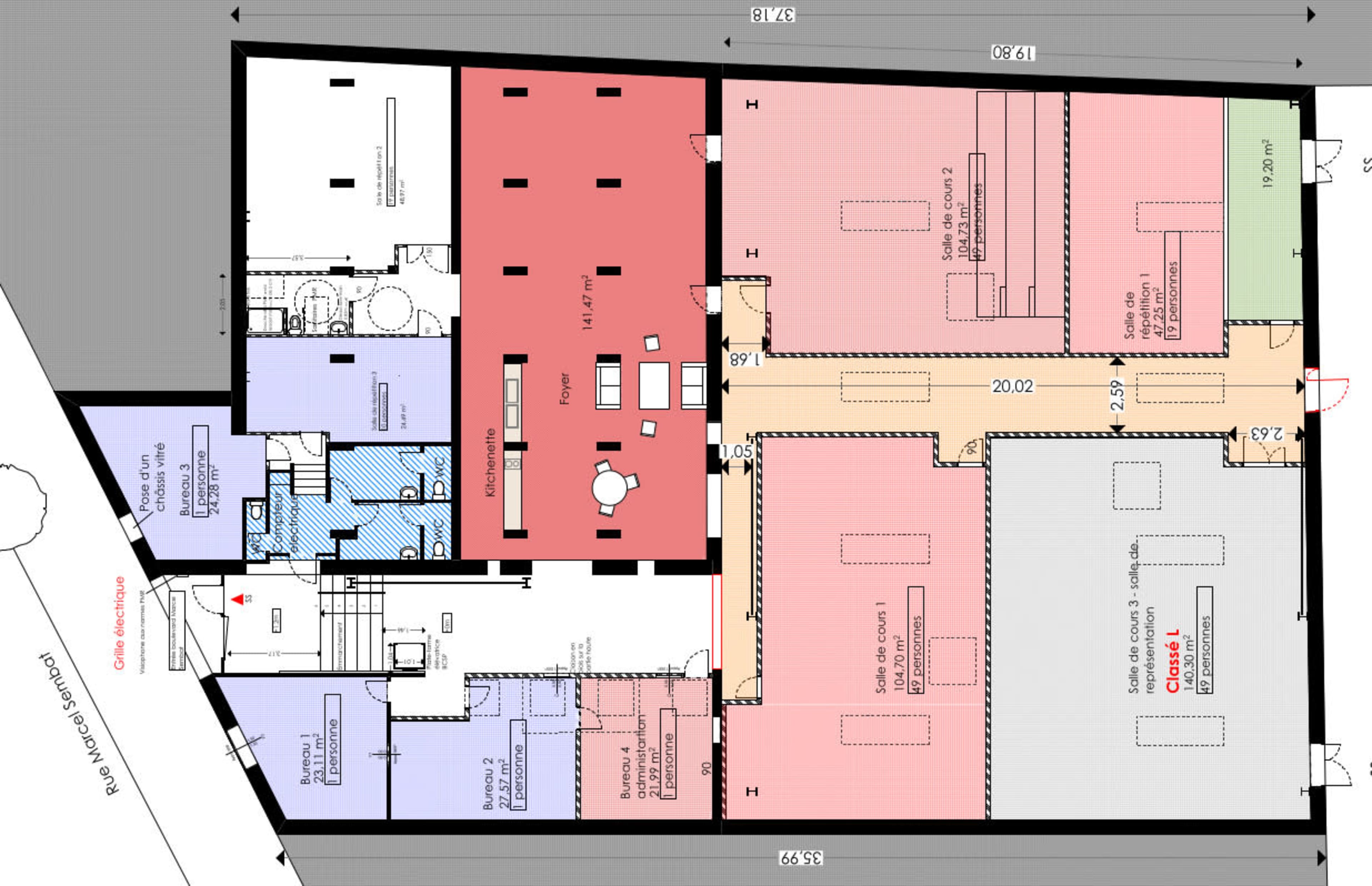 A floor plan of a building with labeled rooms and dimensions.