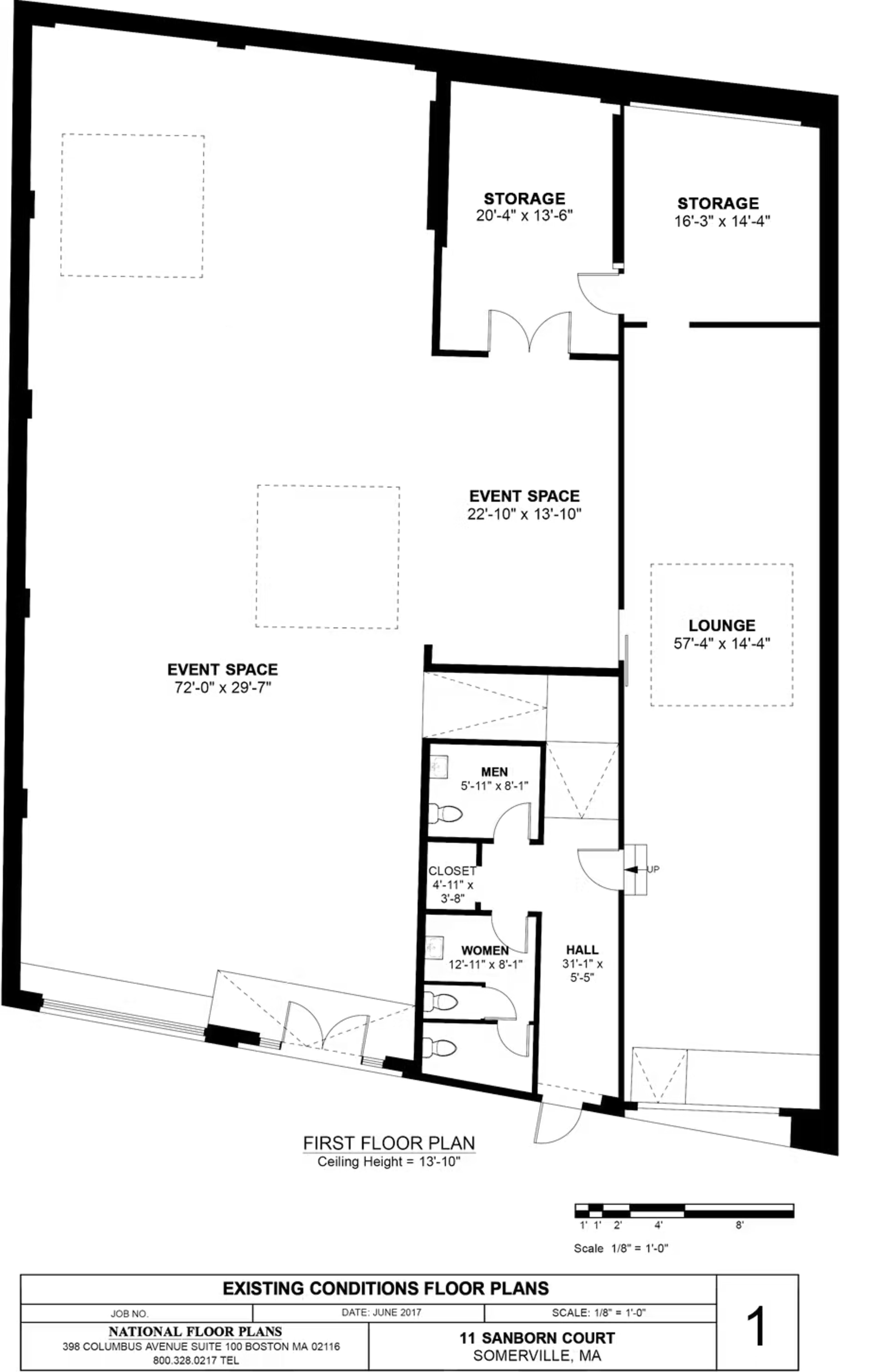 The image shows a floor plan of a first floor layout that includes an event space, lounge, and additional rooms labeled as hall, closet, and event space.