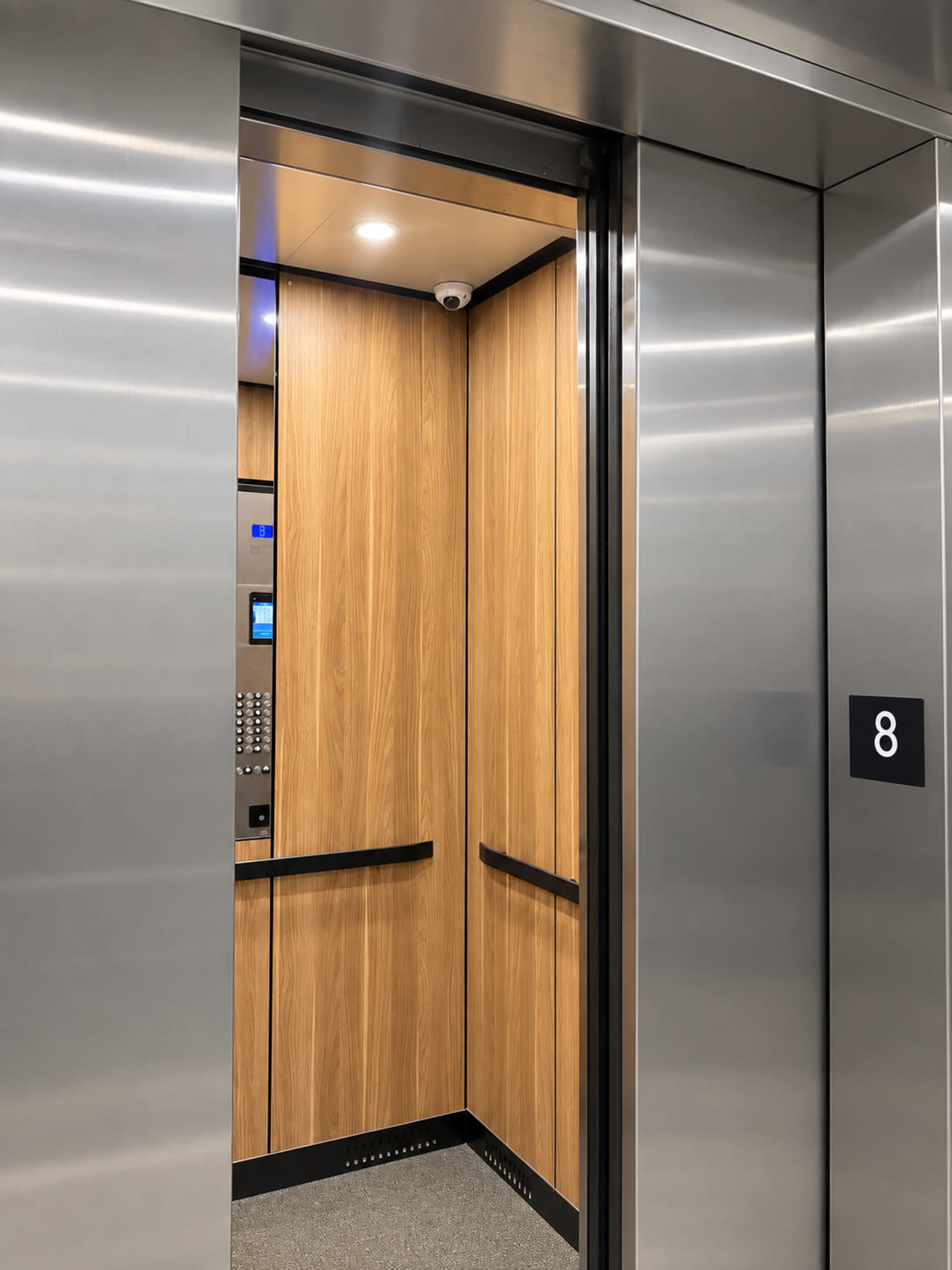 The image shows an open elevator with wood paneling and a button panel on one wall.