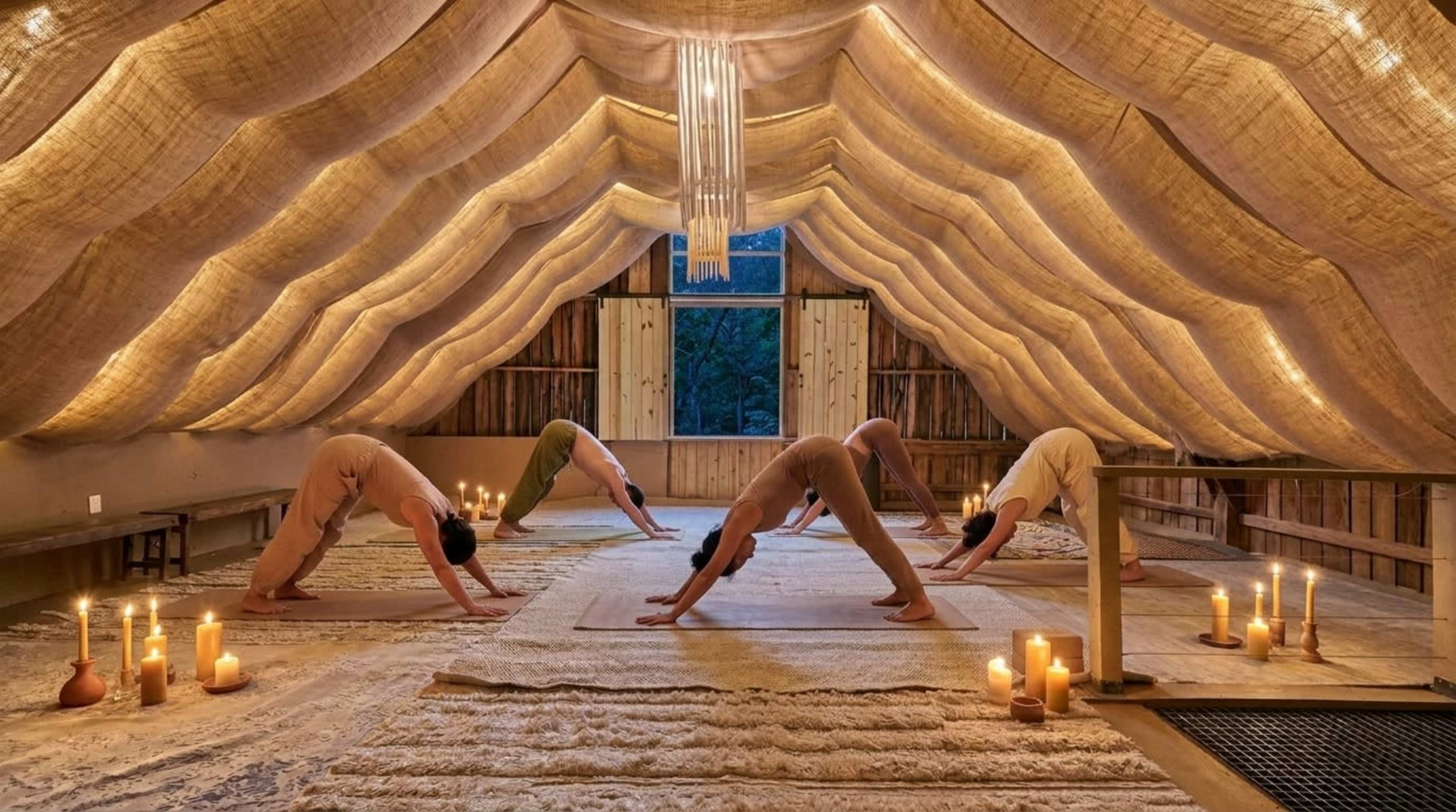 A group of individuals performs yoga poses in an atmospheric, warmly lit room with a textured ceiling and soft furnishings.