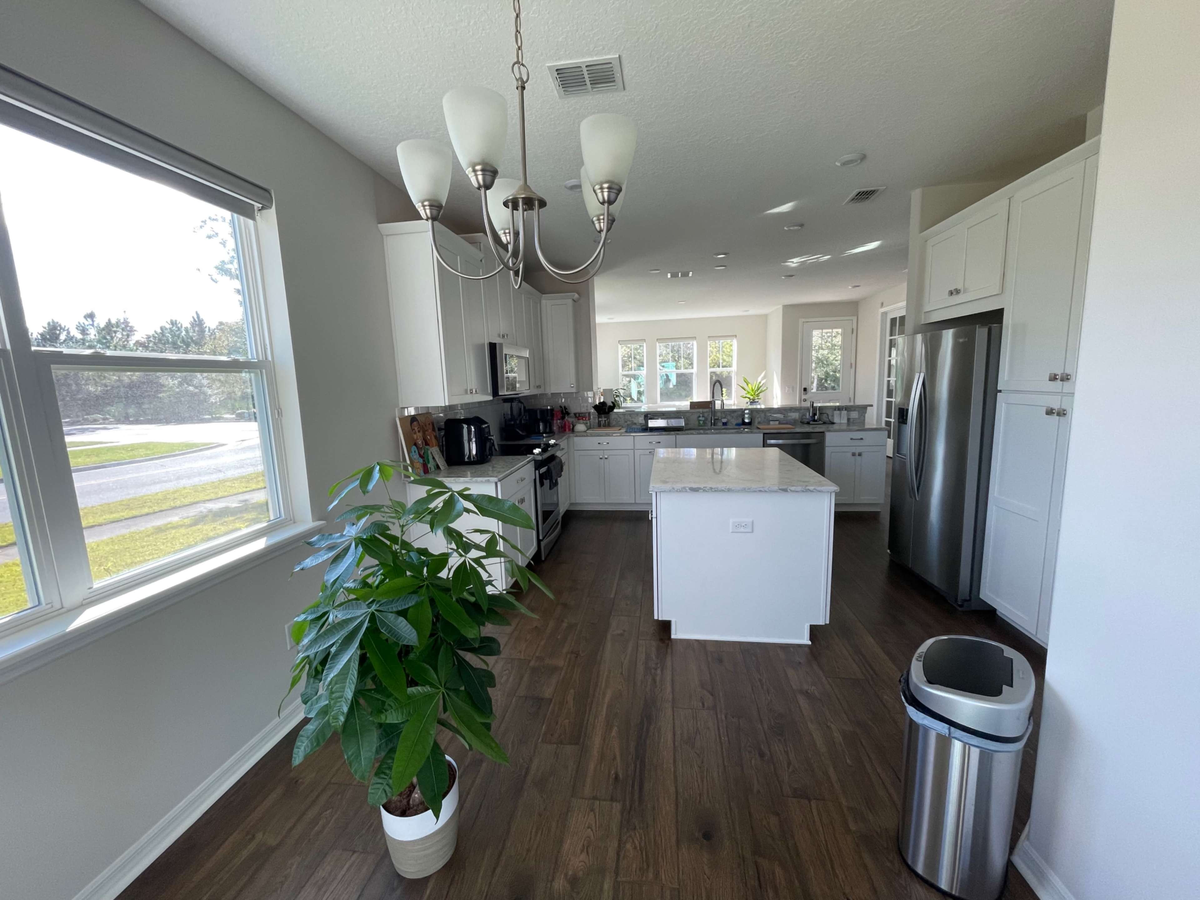 A modern kitchen features white cabinets, stainless steel appliances, a large island, and a potted plant in the corner.